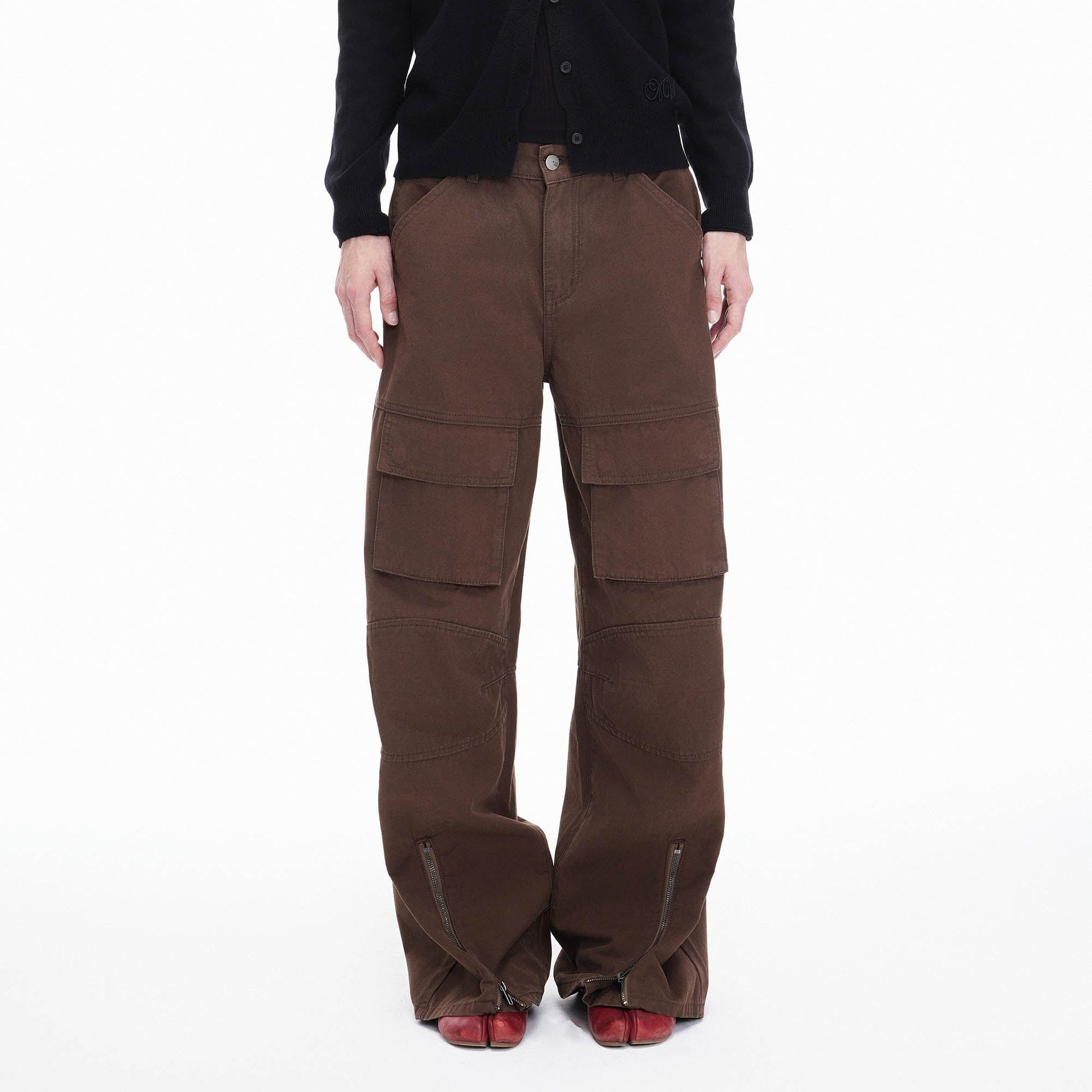 ARTIFICIAL WORLD Zip-Hem Multi-Pocket Wide-Leg Cargo-Jeans-S-Free Shipping Leatheretro