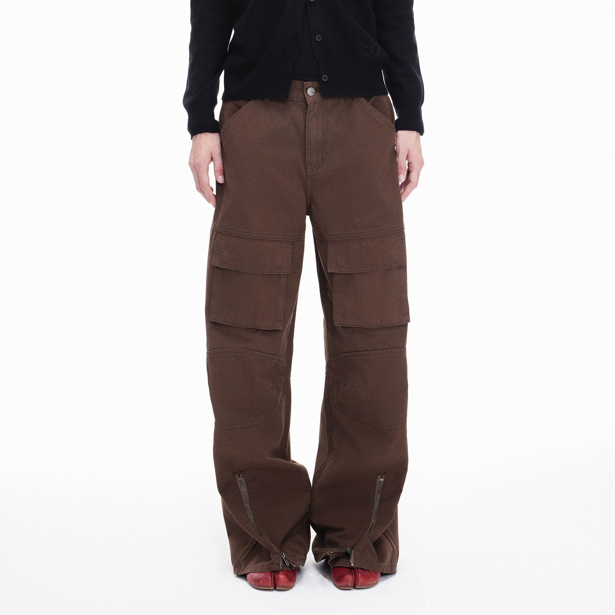ARTIFICIAL WORLD Zip-Hem Multi-Pocket Wide-Leg Cargo-Jeans-S-Free Shipping Leatheretro