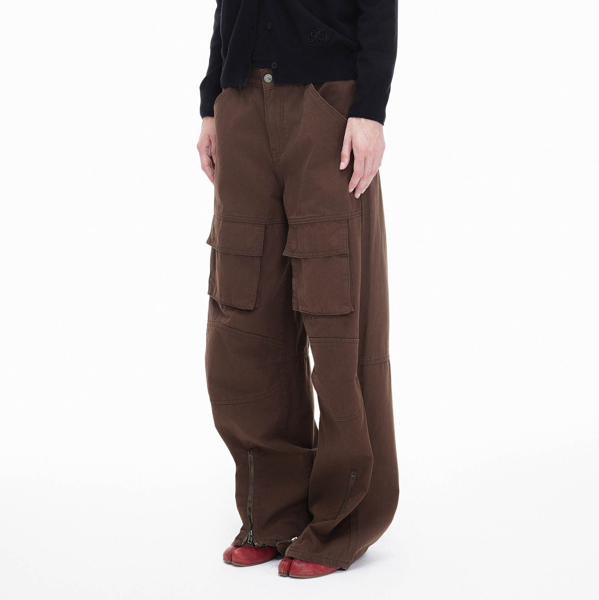ARTIFICIAL WORLD Zip-Hem Multi-Pocket Wide-Leg Cargo-Jeans-S-Free Shipping Leatheretro