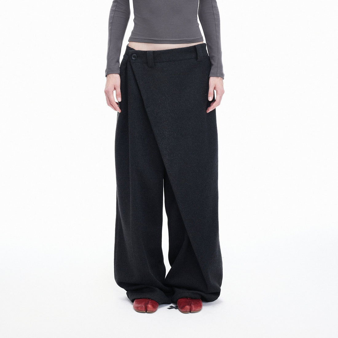 ARTIFICIAL WORLD Asymmetrical Overlay Wool Wide-Leg Pants-Pants-XS-Free Shipping Leatheretro