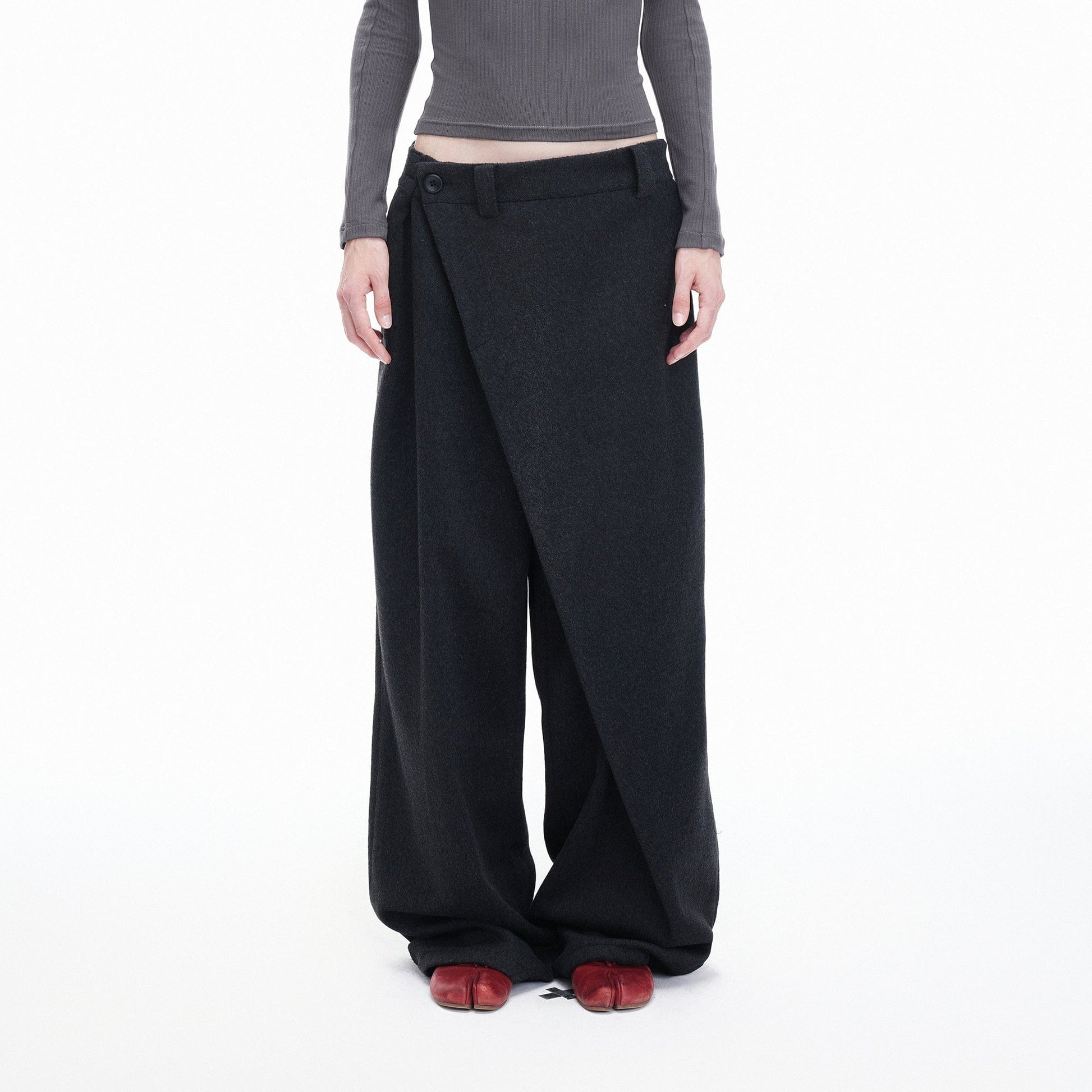 ARTIFICIAL WORLD Asymmetrical Overlay Wool Wide-Leg Pants-Pants-XS-Free Shipping Leatheretro