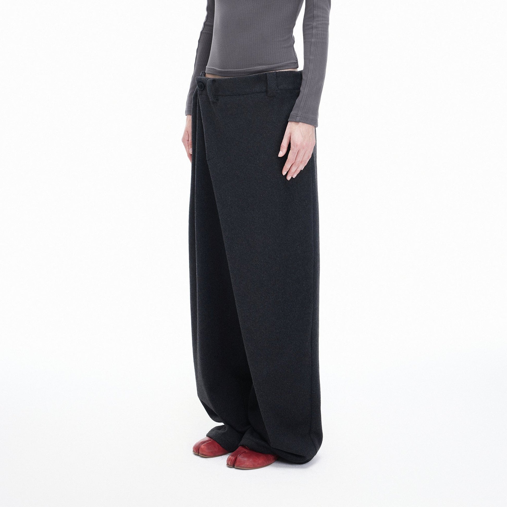 ARTIFICIAL WORLD Asymmetrical Overlay Wool Wide-Leg Pants-Pants-XS-Free Shipping Leatheretro