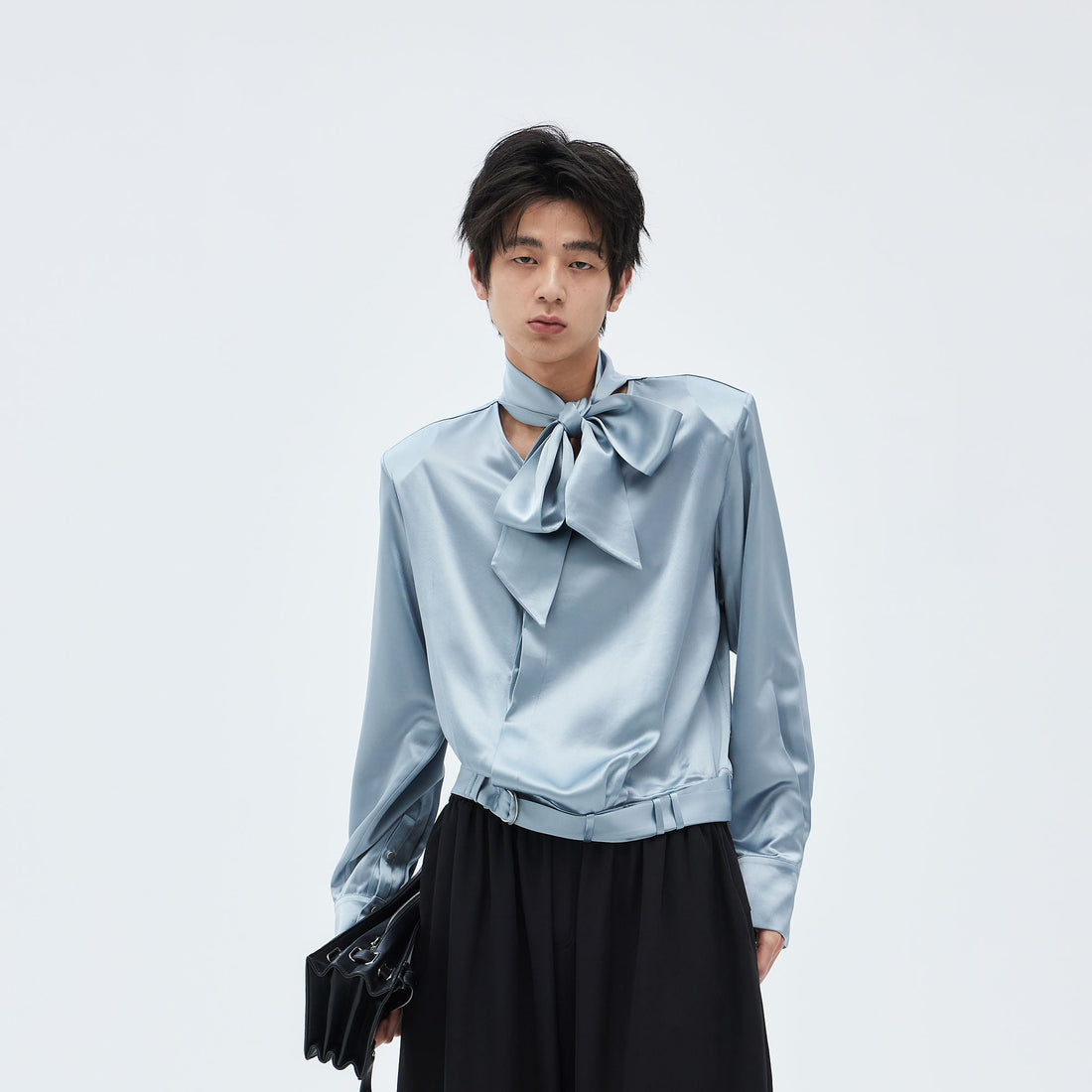 TUIMU Acetate Belt-Hem Tie-Neck Blouse-Shirt-S-Blue-Free Shipping Leatheretro