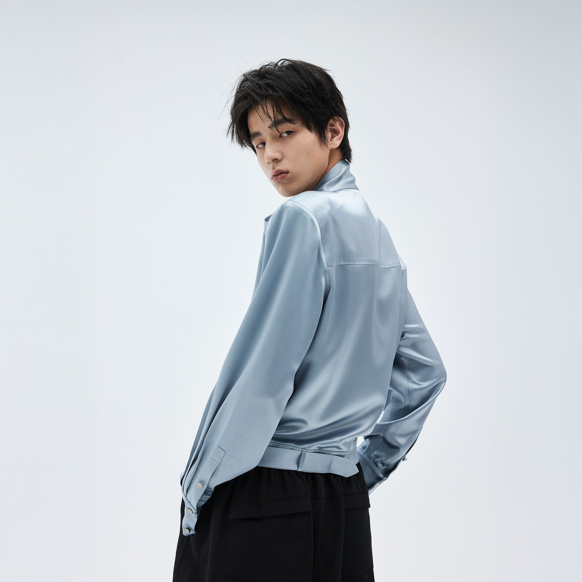TUIMU Acetate Belt-Hem Tie-Neck Blouse-Shirt-S-Blue-Free Shipping Leatheretro