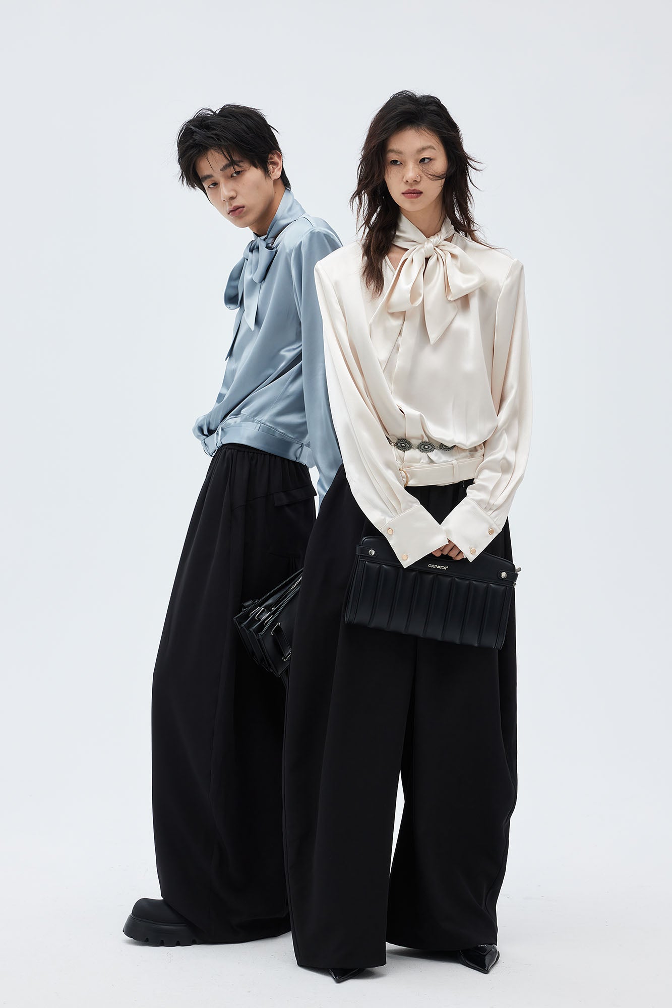 TUIMU Acetate Belt-Hem Tie-Neck Blouse-Shirt-S-Blue-Free Shipping Leatheretro