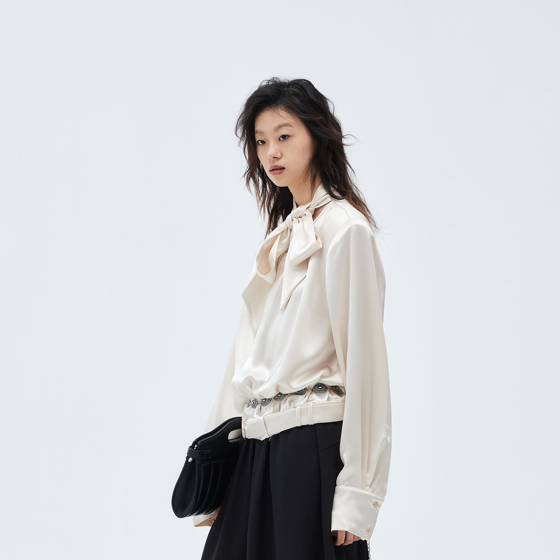 TUIMU Acetate Belt-Hem Tie-Neck Blouse-Shirt-S-Blue-Free Shipping Leatheretro