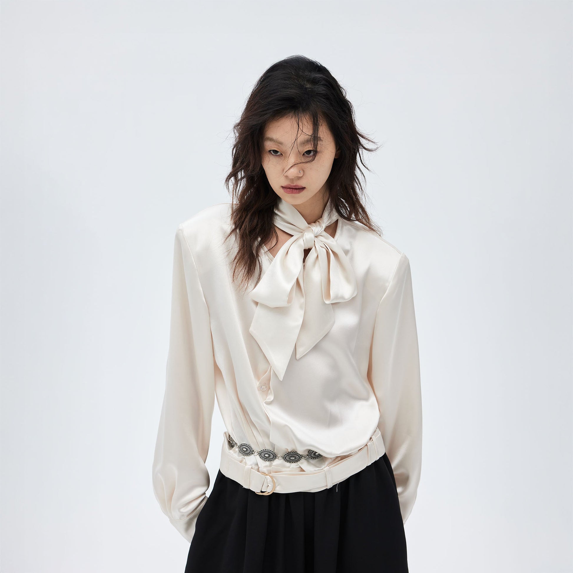 TUIMU Acetate Belt-Hem Tie-Neck Blouse-Shirt-S-White-Free Shipping Leatheretro