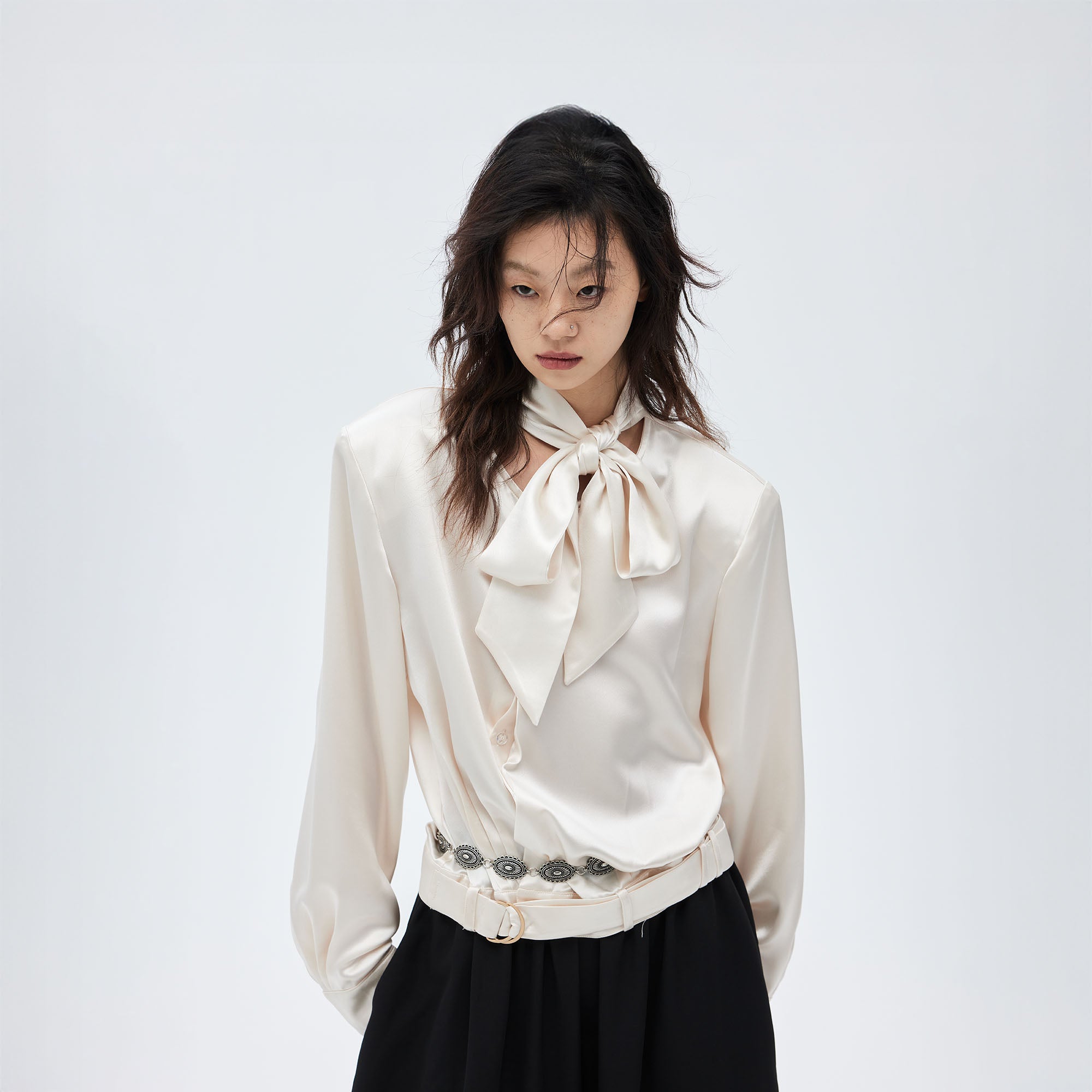 TUIMU Acetate Belt-Hem Tie-Neck Blouse-Shirt-S-White-Free Shipping Leatheretro