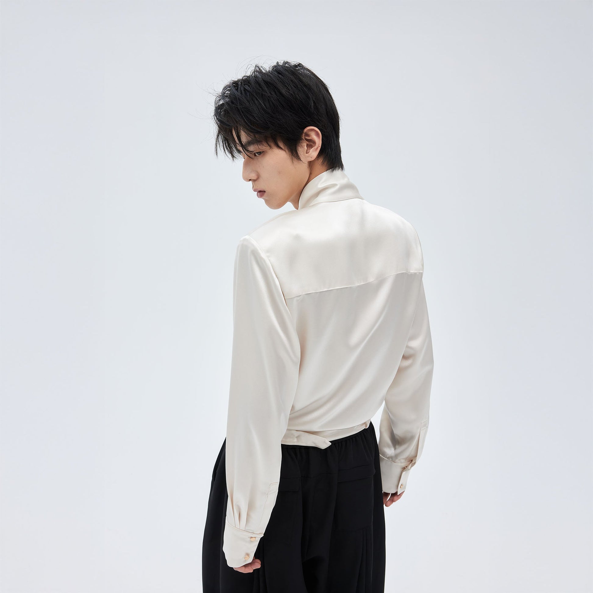 TUIMU Acetate Belt-Hem Tie-Neck Blouse-Shirt-S-Blue-Free Shipping Leatheretro