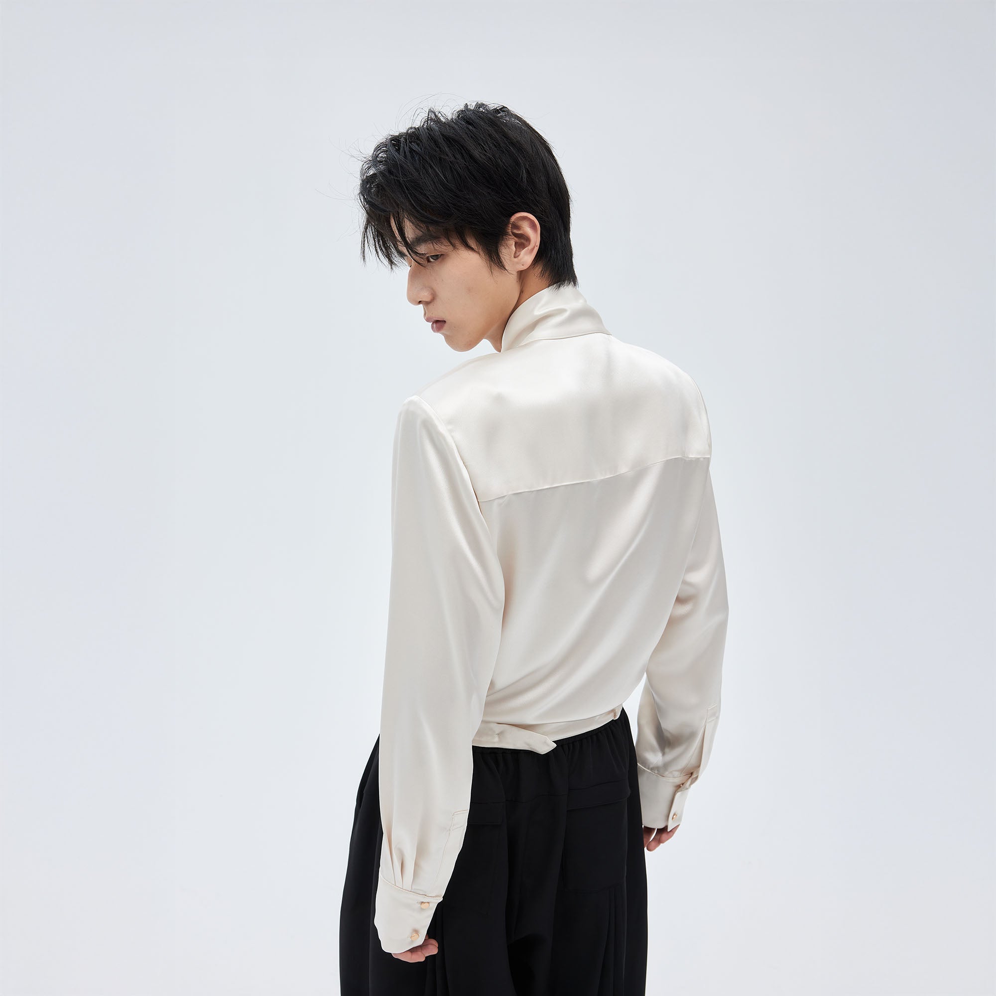 TUIMU Acetate Belt-Hem Tie-Neck Blouse-Shirt-S-Blue-Free Shipping Leatheretro