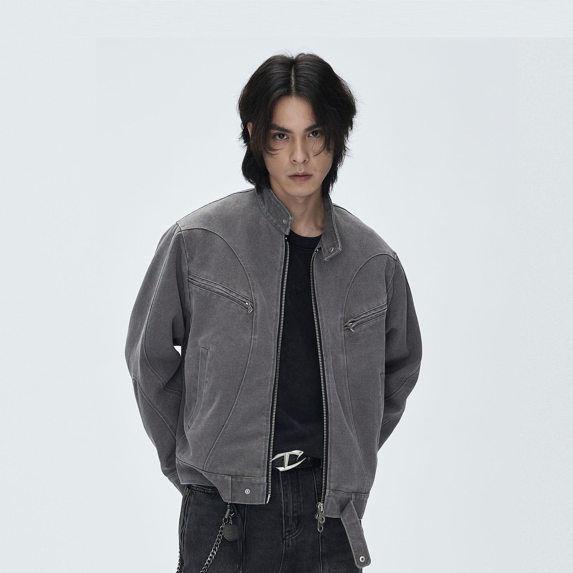 CATSSTAC Washed Curved Panel Harrington Jacket-Jacket-M-Gray-Free Shipping Leatheretro