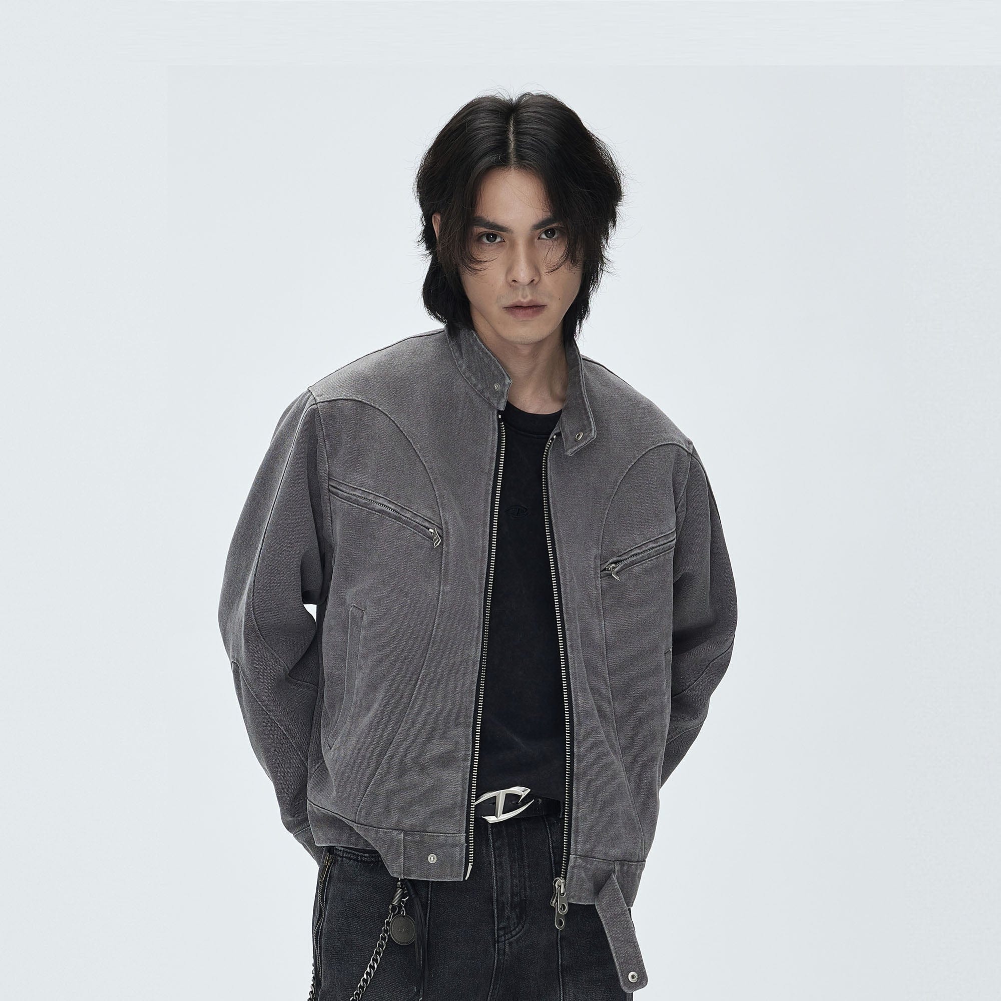 CATSSTAC Washed Curved Panel Harrington Jacket-Jacket-M-Gray-Free Shipping Leatheretro