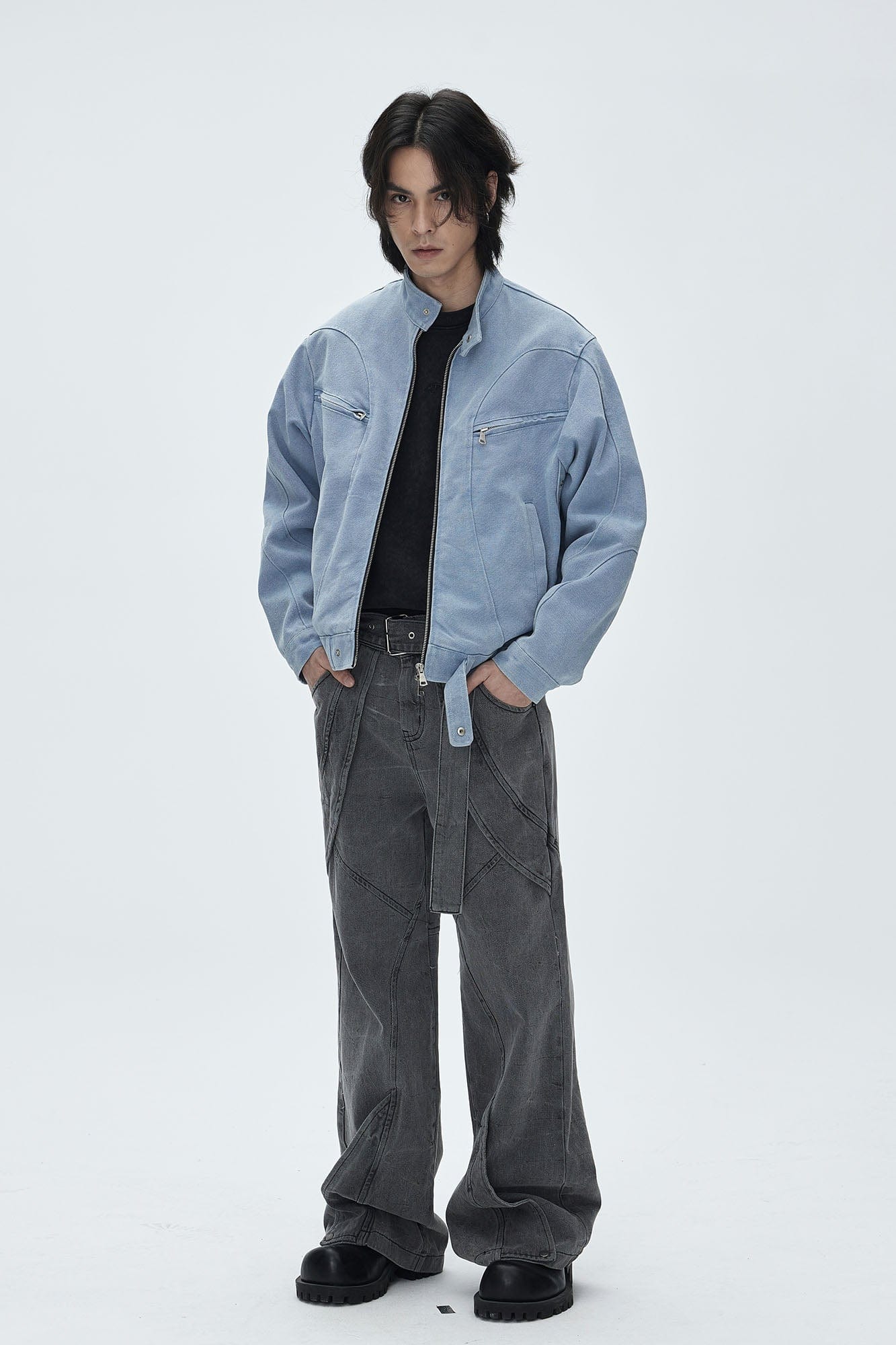 CATSSTAC Washed Curved Panel Harrington Jacket-Jacket-M-Blue-Free Shipping Leatheretro