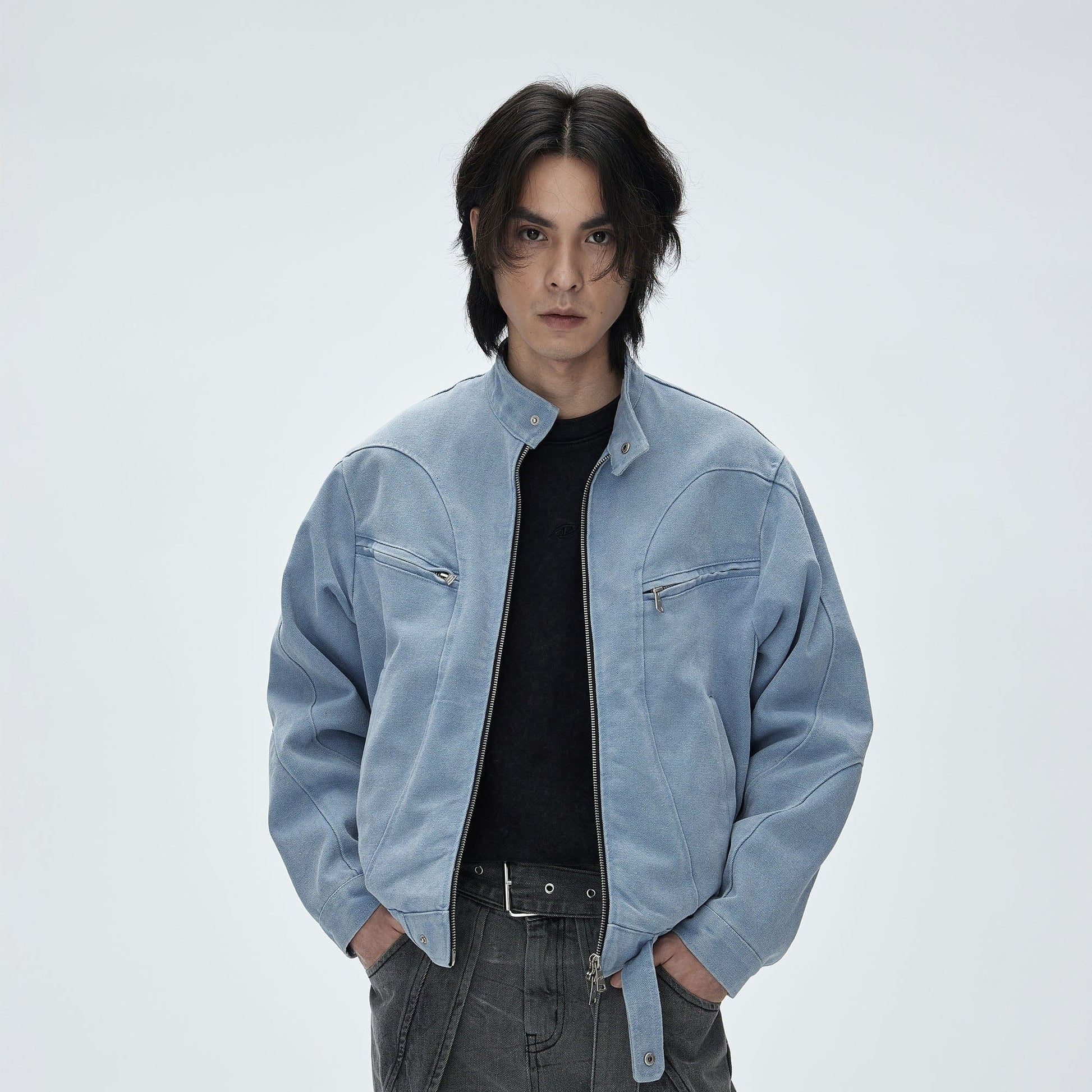 CATSSTAC Washed Curved Panel Harrington Jacket-Jacket-M-Blue-Free Shipping Leatheretro