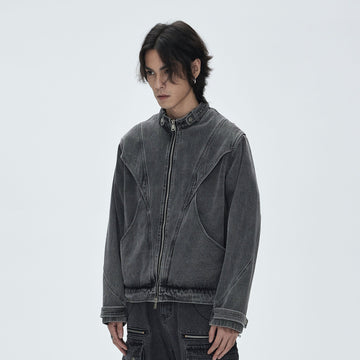 CATSSTAC Turtle-Neck Washed Denim Jacket-Jacket-M-Free Shipping Leatheretro