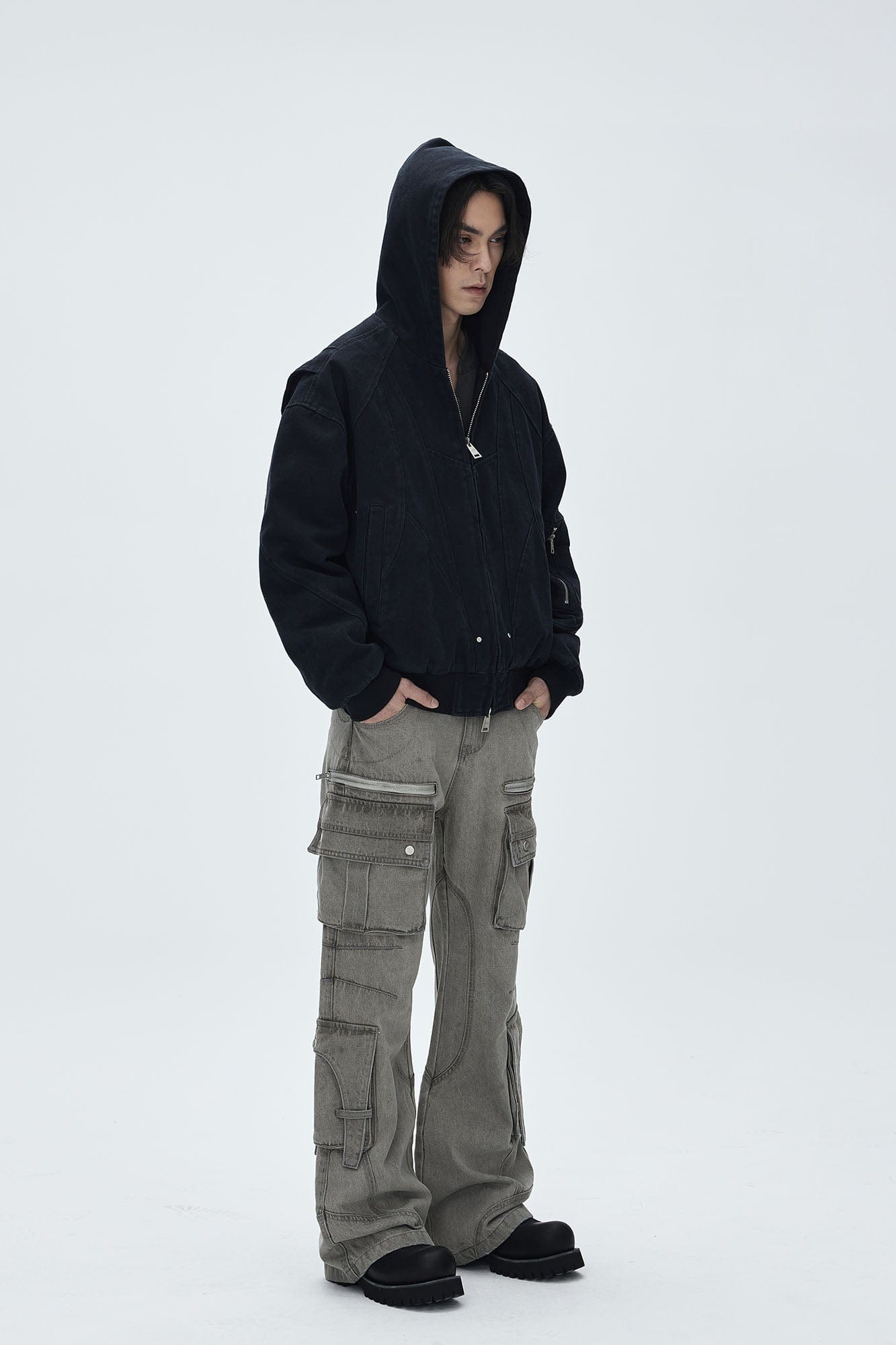 CATSSTAC Deconstructed Paneled Washed Hooded Jacket-Jacket-S-Black-Free Shipping Leatheretro