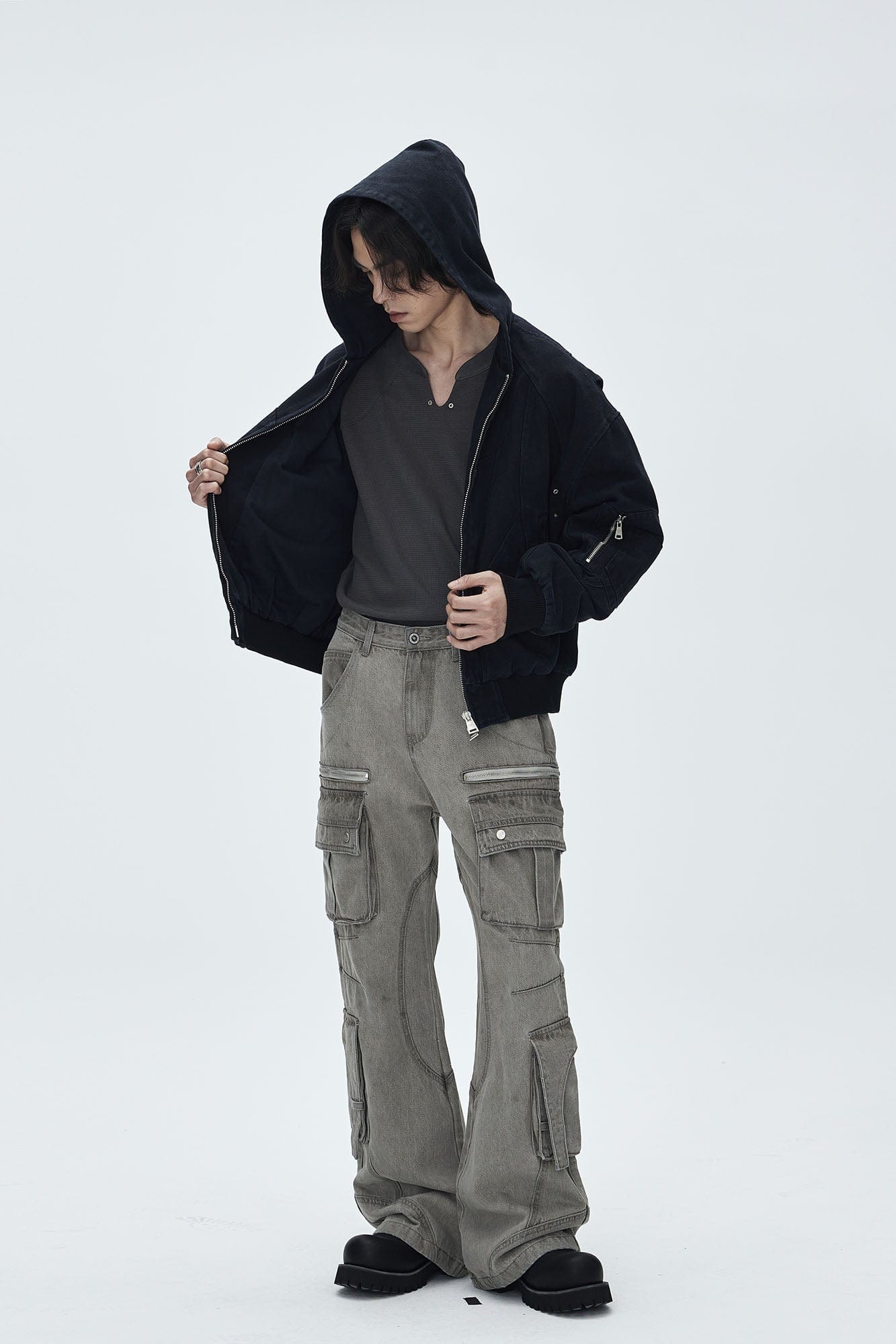 CATSSTAC Deconstructed Paneled Washed Hooded Jacket-Jacket-S-Black-Free Shipping Leatheretro