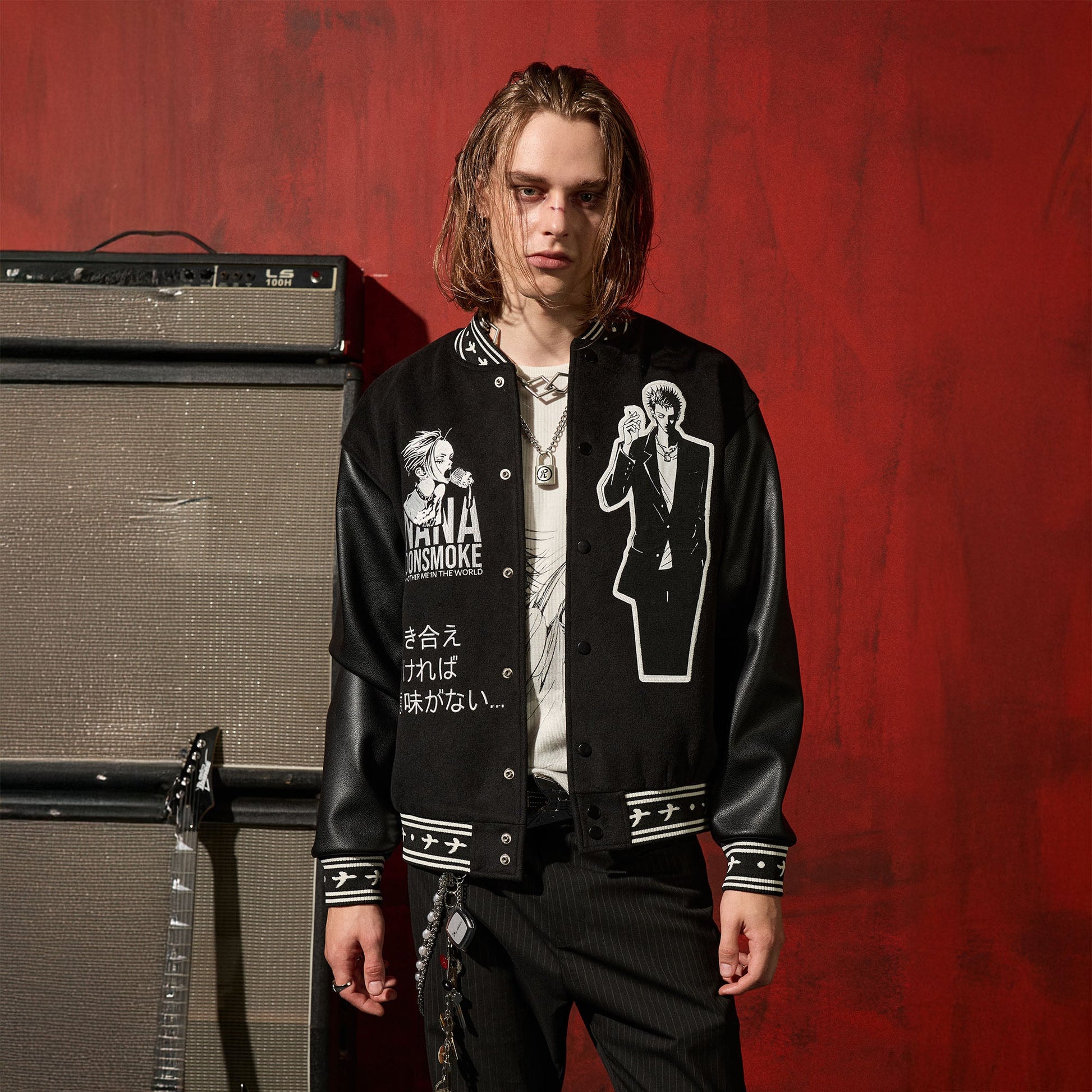 DONSMOKE ¡Á NANA PU Panel Anime Patch Varsity Jacket-Jacket-S-Free Shipping Leatheretro