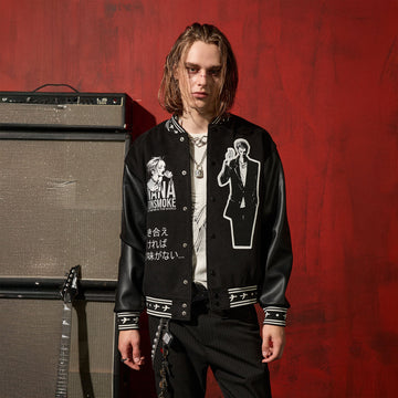 DONSMOKE ¡Á NANA PU Panel Anime Patch Varsity Jacket-Jacket-S-Free Shipping Leatheretro