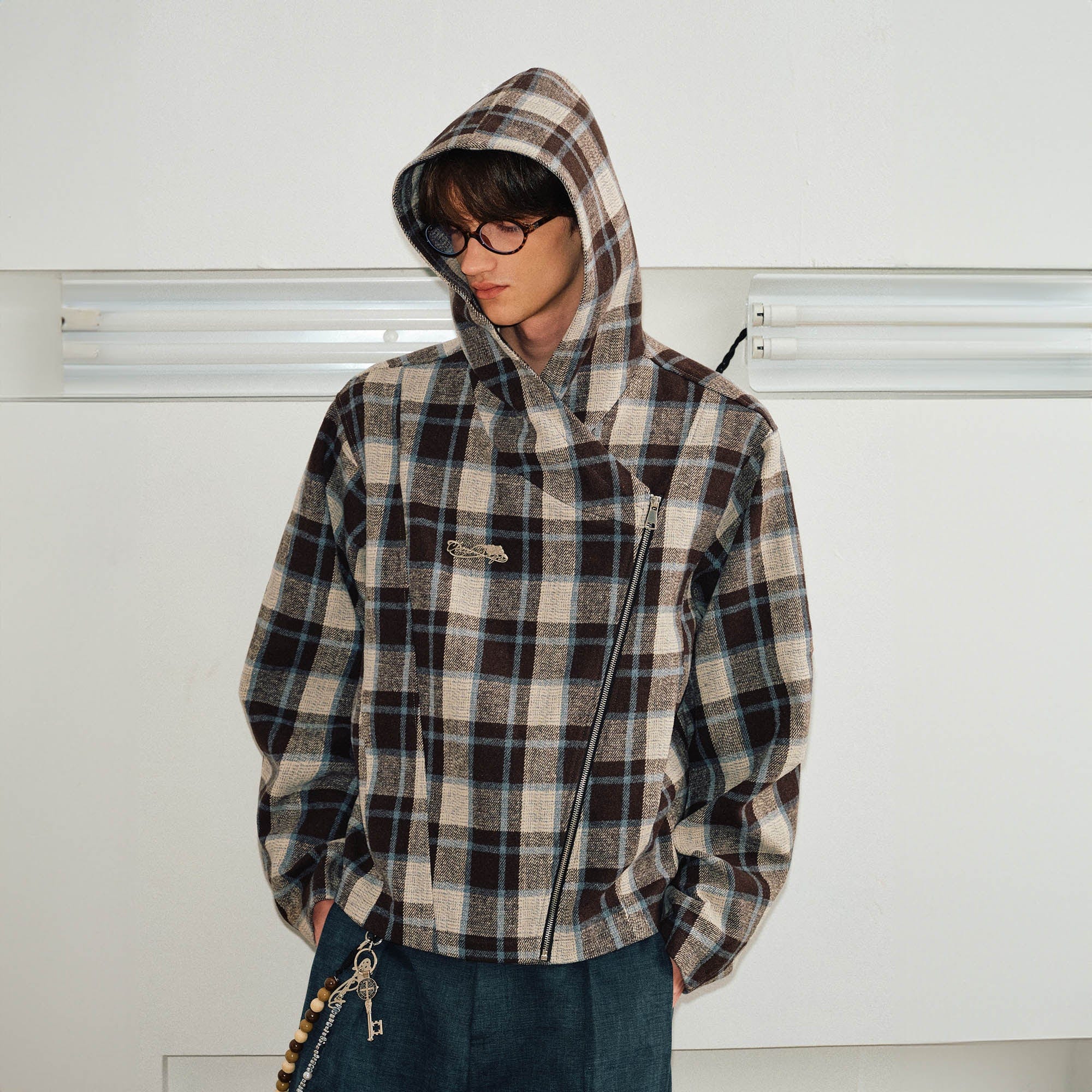 KREATE Asymmetrical Zipper Hooded Jacket-Jacket-S-Plaid-Free Shipping Leatheretro