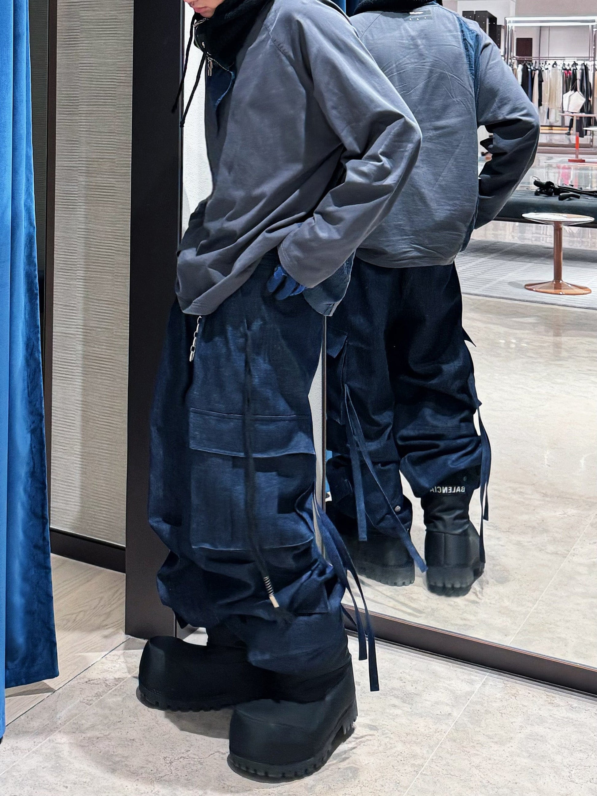 RELABEL Straped Big Pockets Rivet Washed Denim Cargo-Pants-XS-Free Shipping Leatheretro