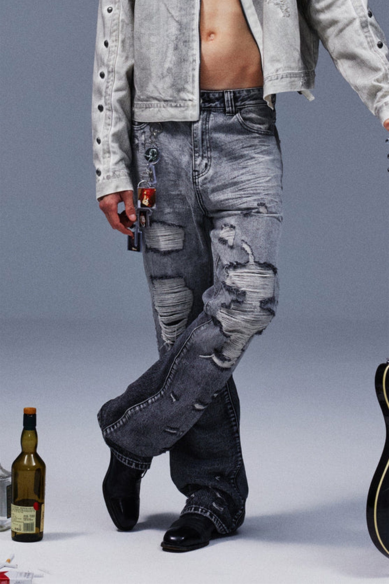 TECNINEGROUP Distressed Ash-Washed Flared Jeans-Jeans-S-Free Shipping Leatheretro