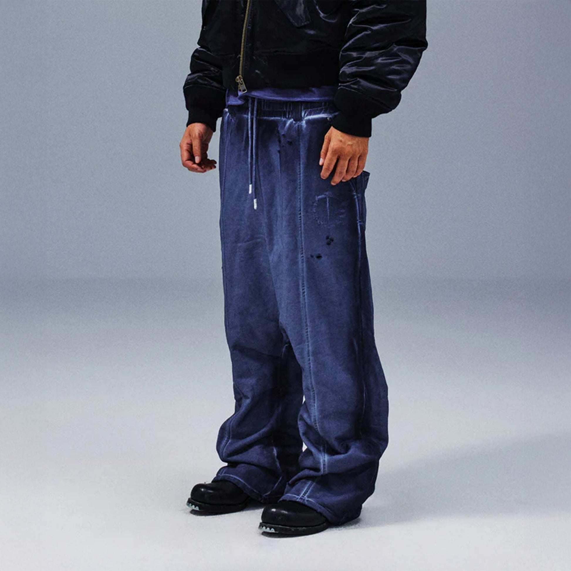 TECNINEGROUP Middle-Panel Washed Drop-Crotch Sweatpants-Pants-Blue-S-Free Shipping Leatheretro
