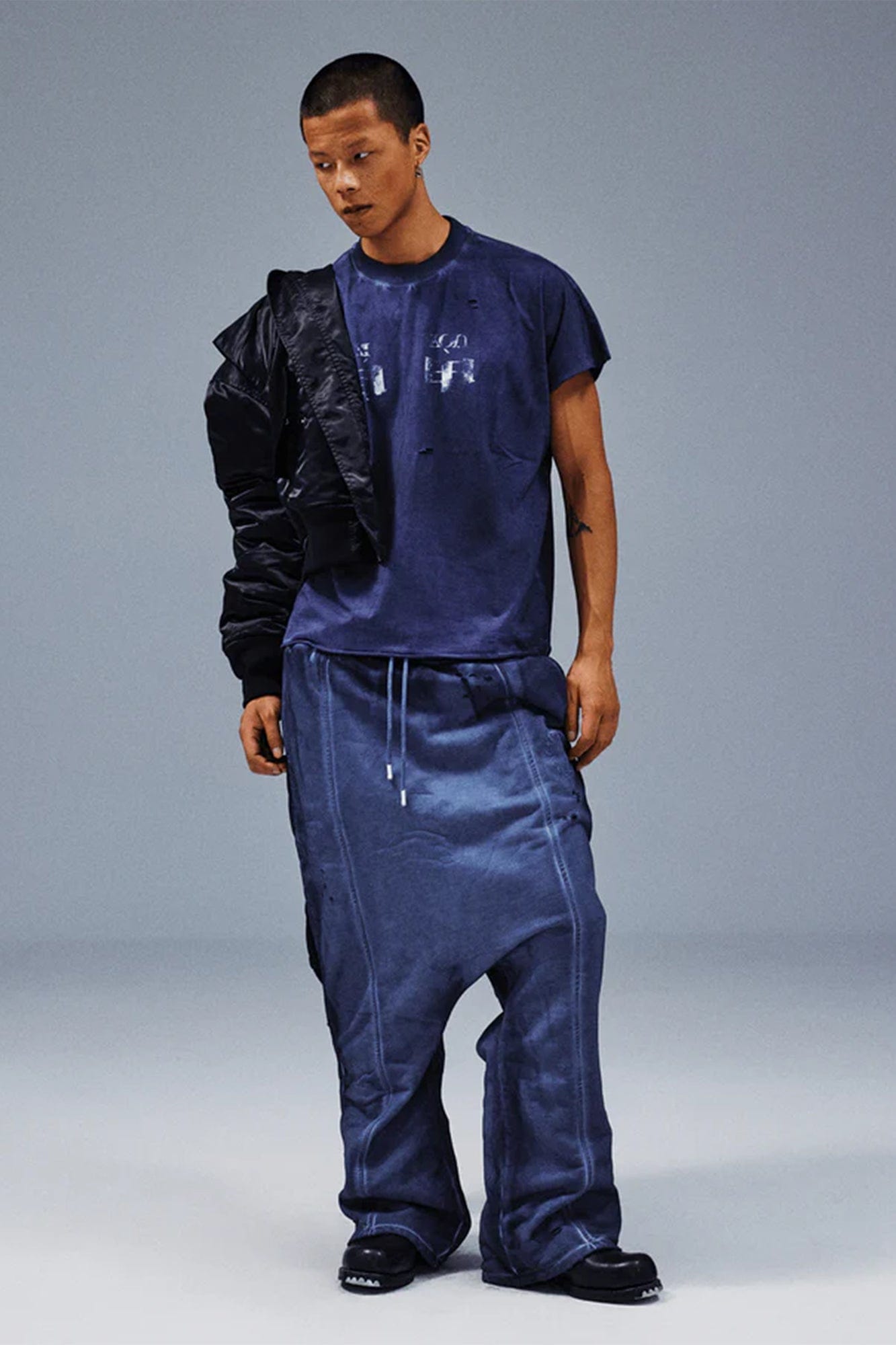 TECNINEGROUP Middle-Panel Washed Drop-Crotch Sweatpants-Pants-Blue-S-Free Shipping Leatheretro
