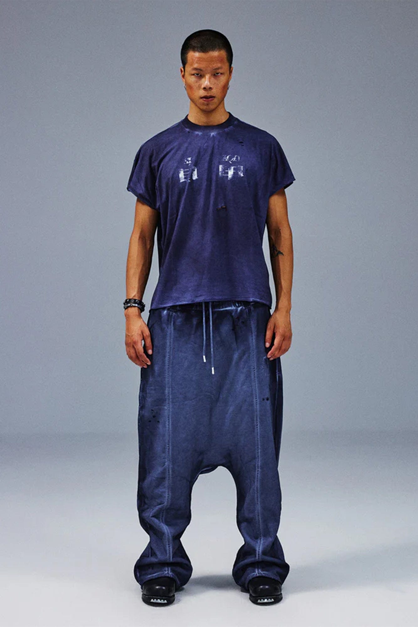 TECNINEGROUP Middle-Panel Washed Drop-Crotch Sweatpants-Pants-Blue-S-Free Shipping Leatheretro