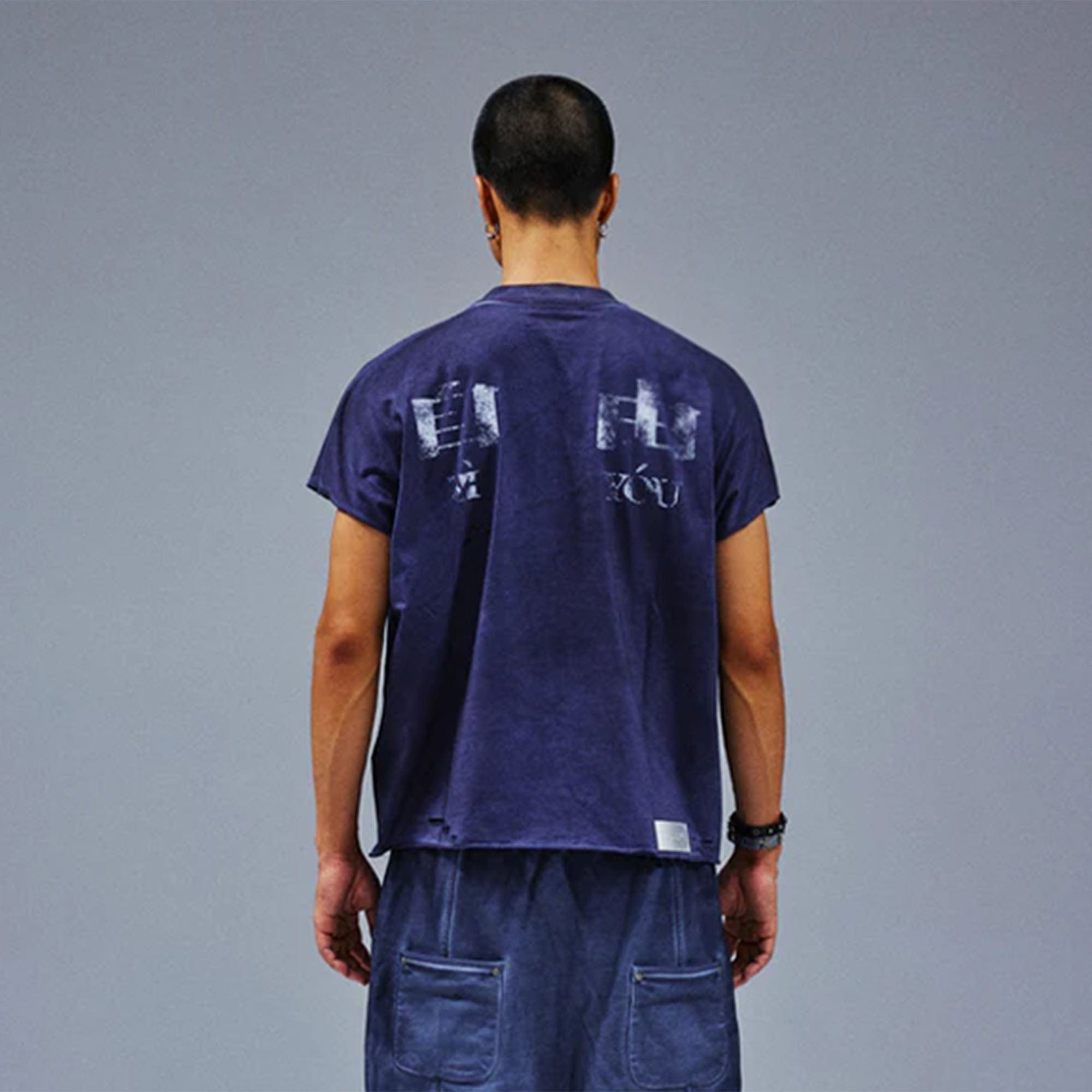 TECNINEGROUP Distressed Blue-Dyed Graphic T-Shirt-T Shirt-Painting-S-Free Shipping Leatheretro