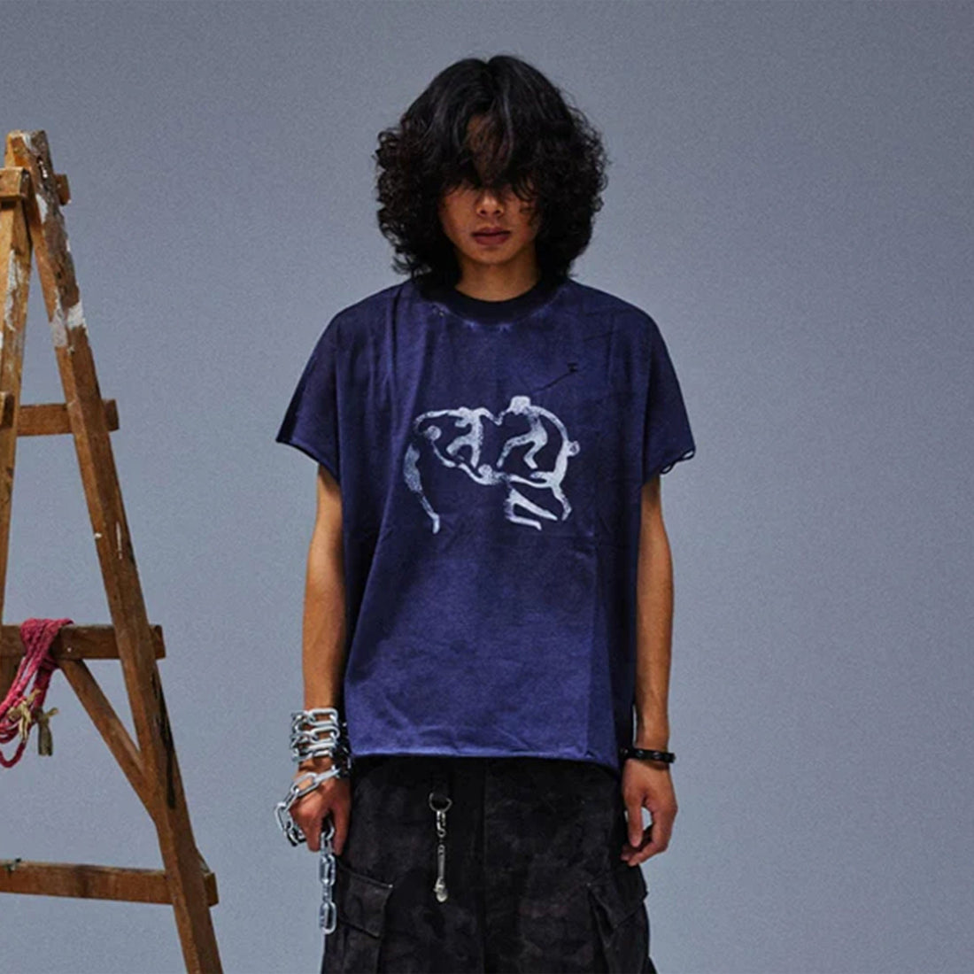 TECNINEGROUP Distressed Blue-Dyed Graphic T-Shirt-T Shirt-Painting-S-Free Shipping Leatheretro