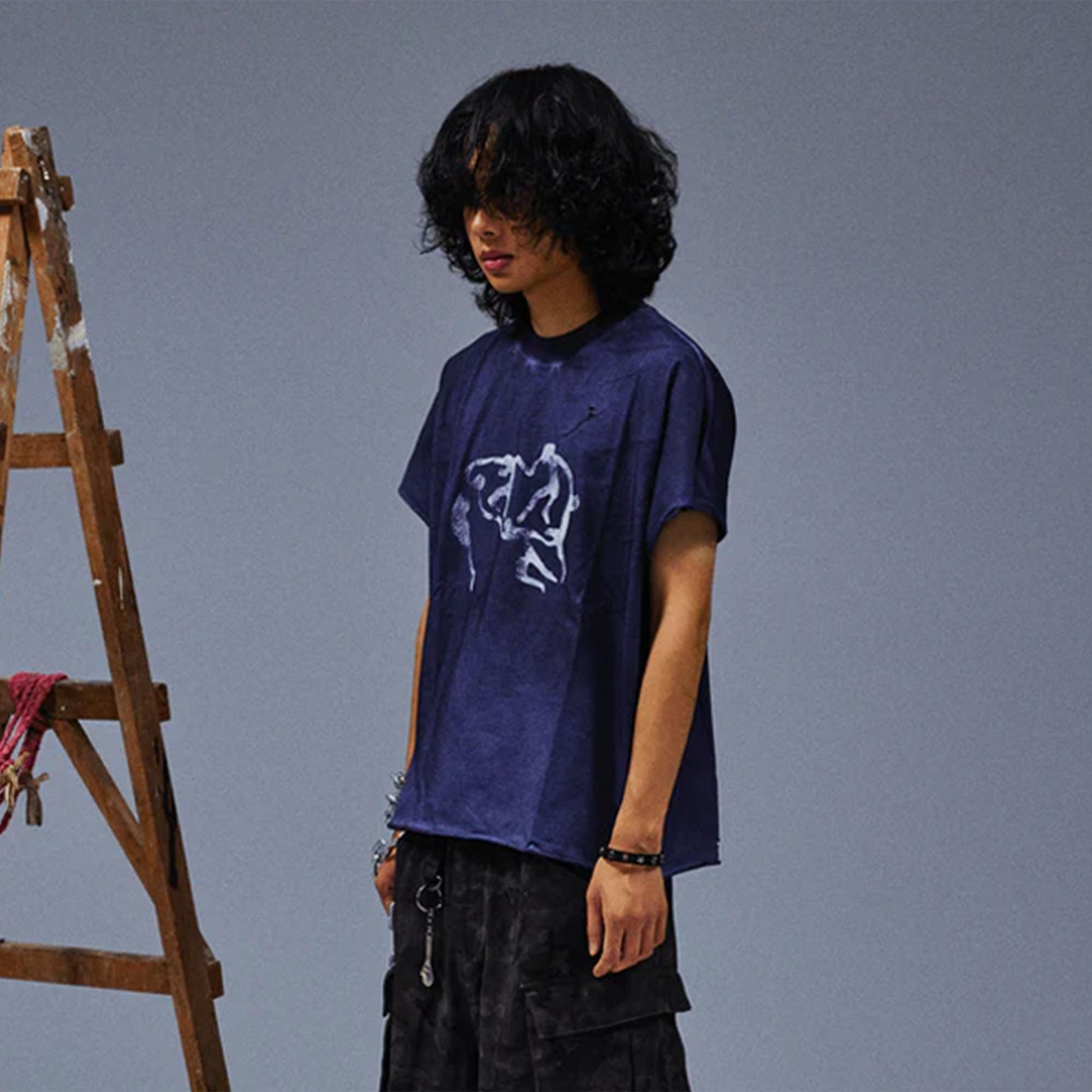 TECNINEGROUP Distressed Blue-Dyed Graphic T-Shirt-T Shirt-Painting-S-Free Shipping Leatheretro