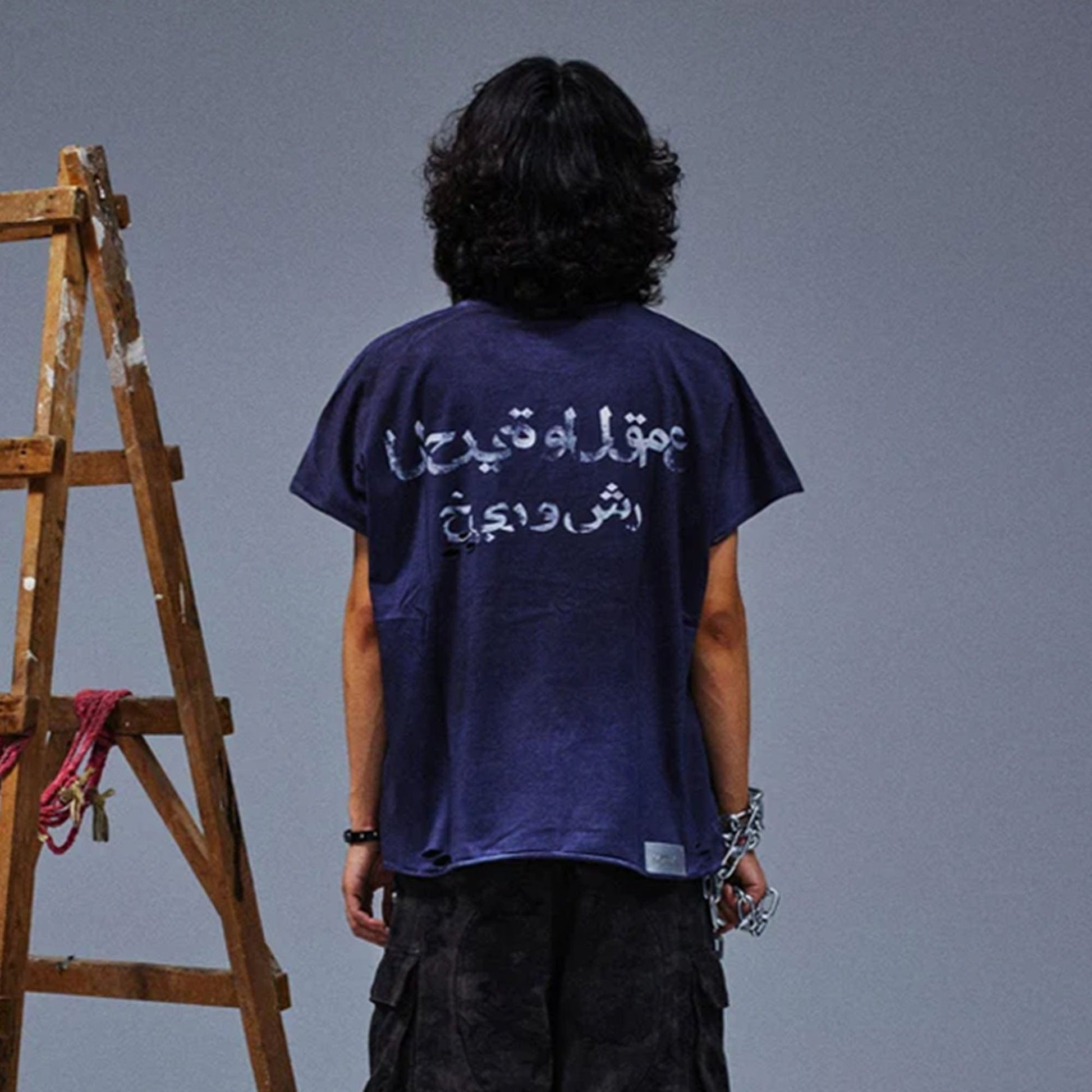 TECNINEGROUP Distressed Blue-Dyed Graphic T-Shirt-T Shirt-Painting-S-Free Shipping Leatheretro
