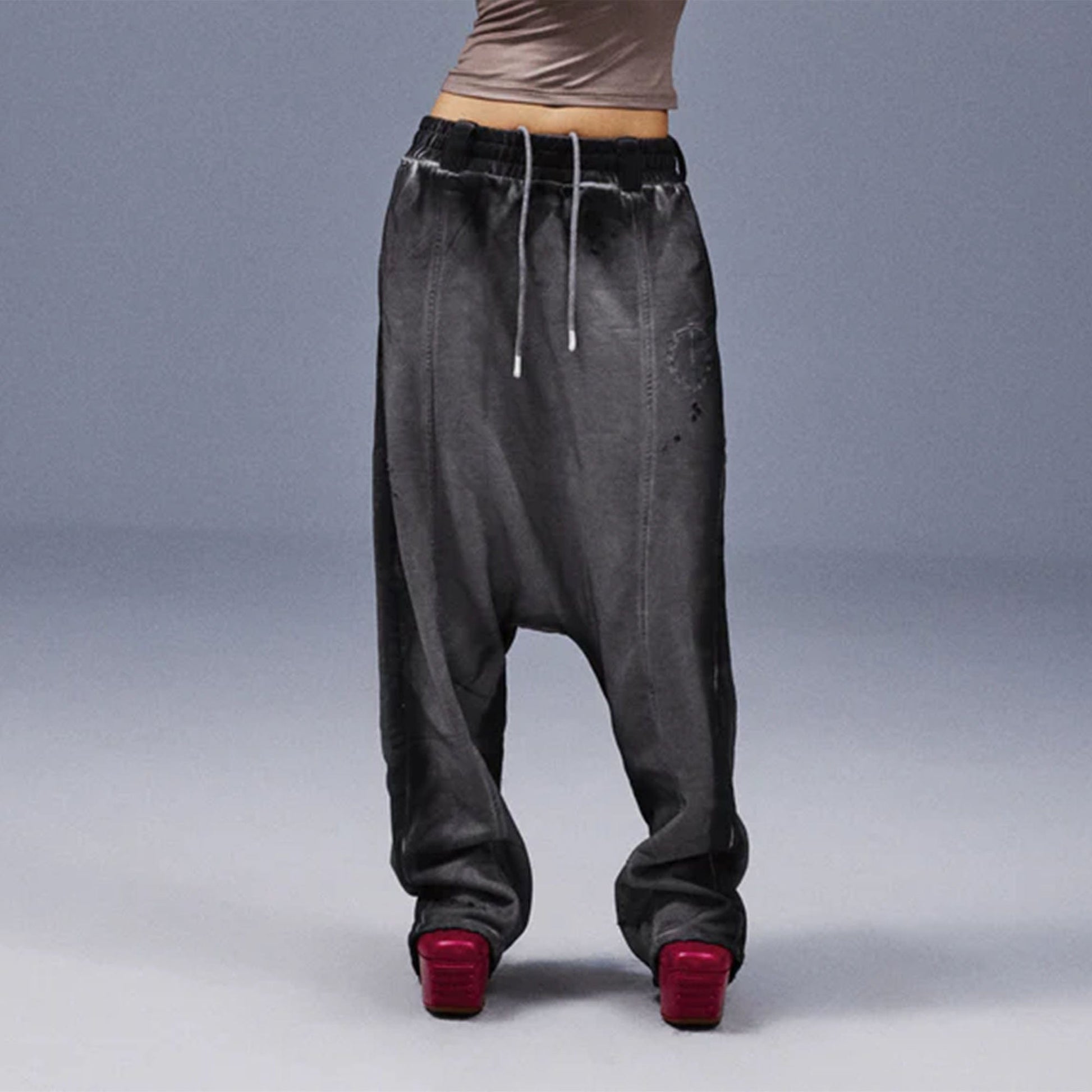 TECNINEGROUP Middle-Panel Washed Drop-Crotch Sweatpants-Pants-Gray-S-Free Shipping Leatheretro