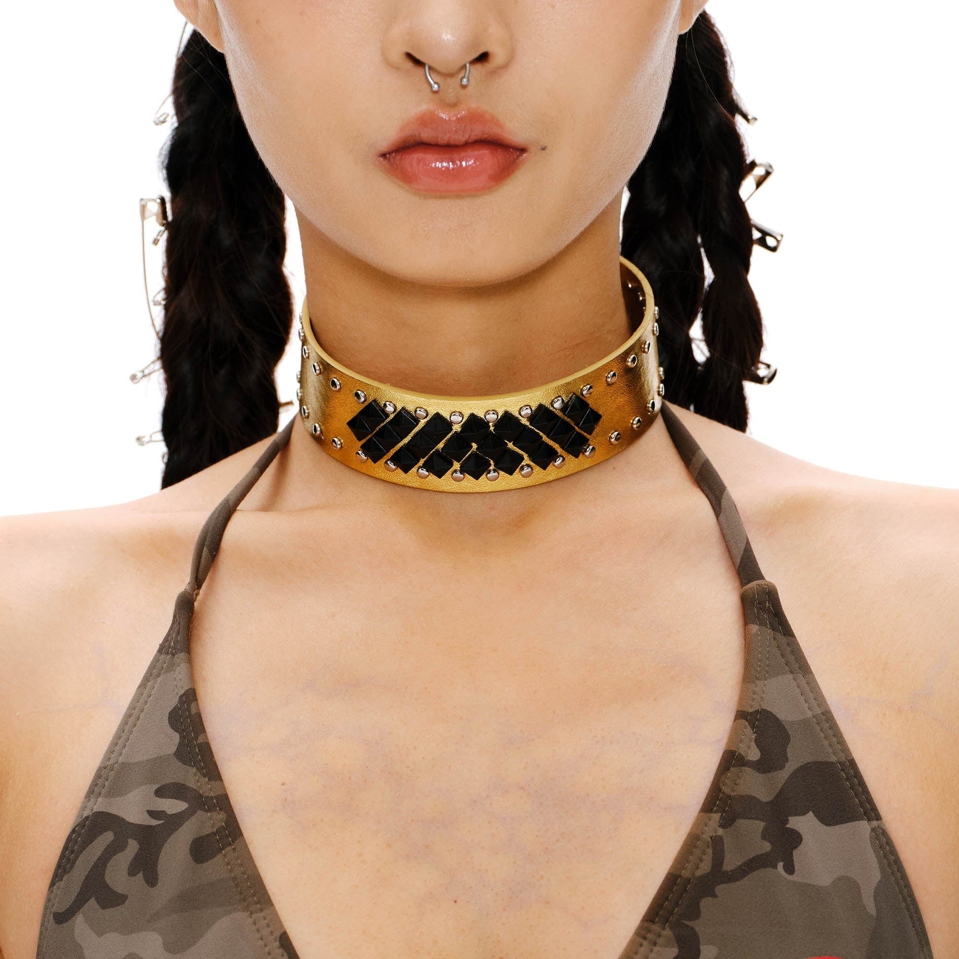SCHWARZGOLD Studded Wide Faux Leather Choker-Necklace-One Size (Adjustable)-Gold-Free Shipping Leatheretro
