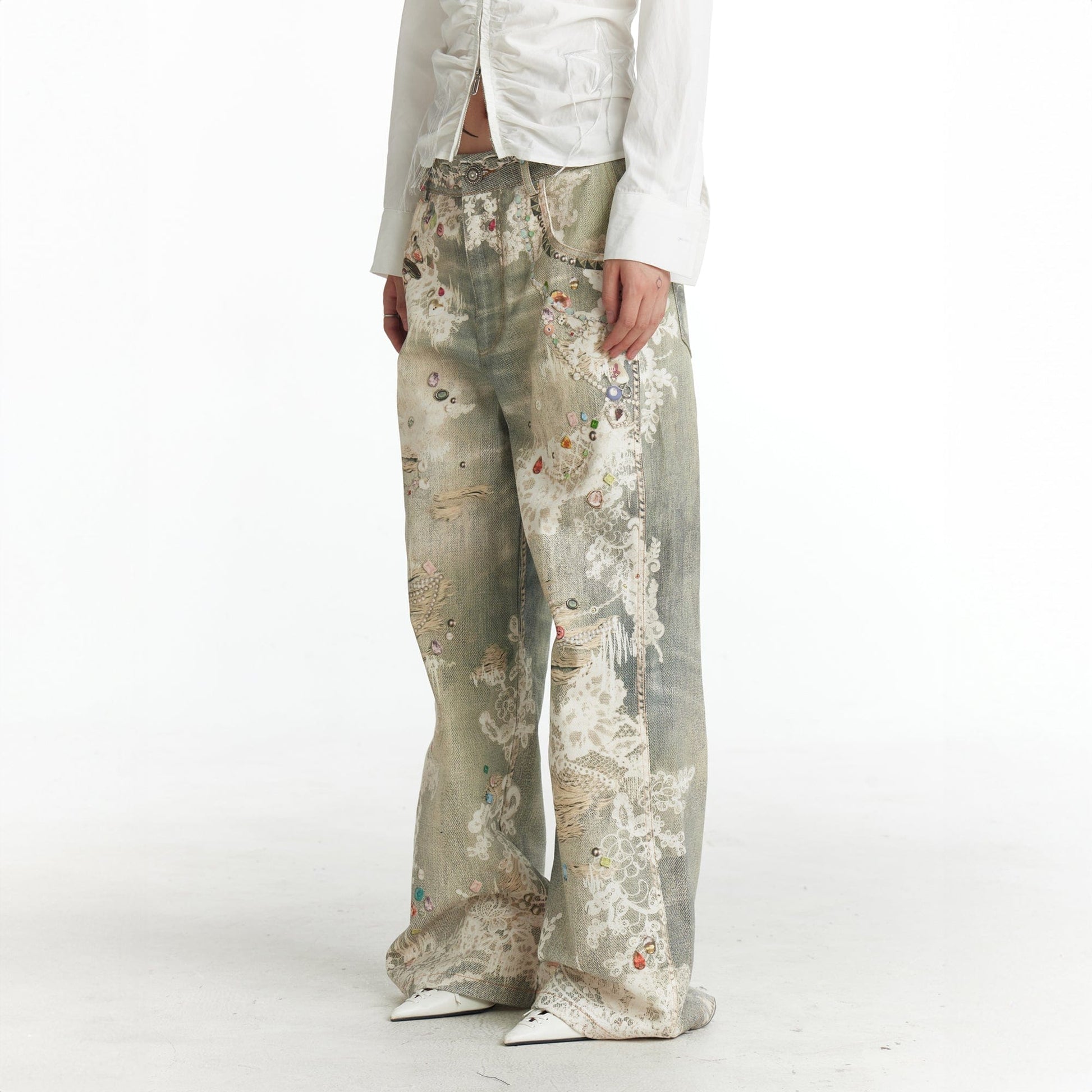 DND4DES¡ÁFaychui Distressed Gem&Lace Jeans-Jeans-S-Free Shipping Leatheretro