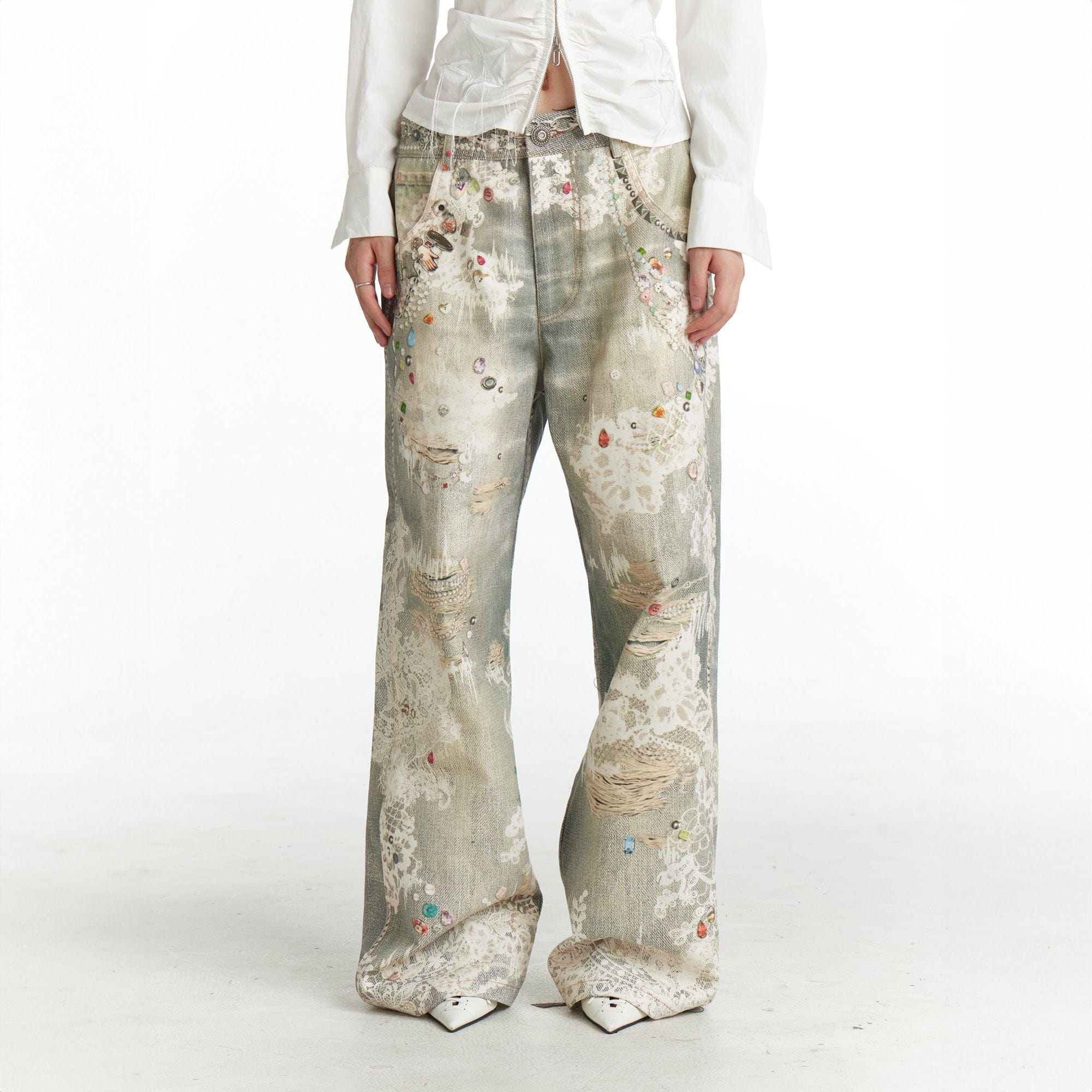 DND4DES¡ÁFaychui Distressed Gem&Lace Jeans-Jeans-S-Free Shipping Leatheretro