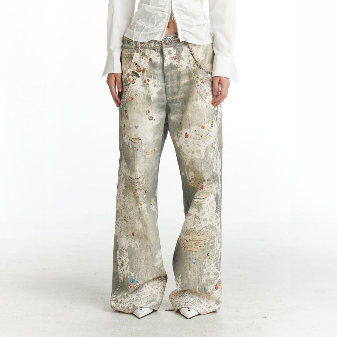 DND4DES¡ÁFaychui Distressed Gem&Lace Jeans-Jeans-S-Free Shipping Leatheretro