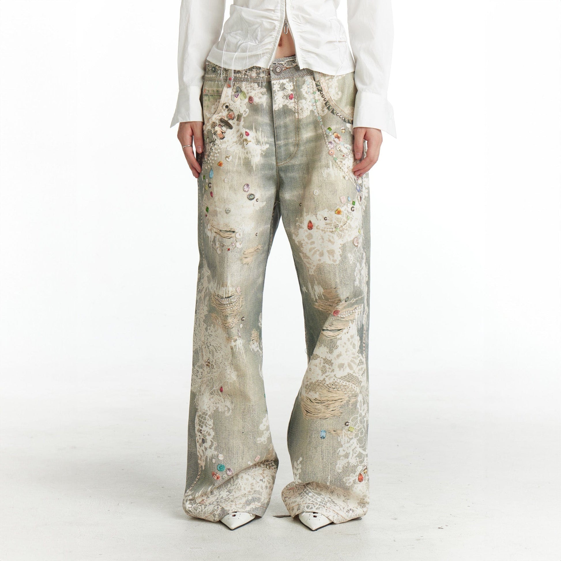 DND4DES¡ÁFaychui Distressed Gem&Lace Jeans-Jeans-S-Free Shipping Leatheretro