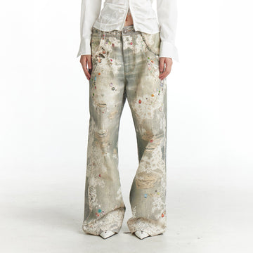 DND4DES¡ÁFaychui Distressed Gem&Lace Jeans-Jeans-S-Free Shipping Leatheretro