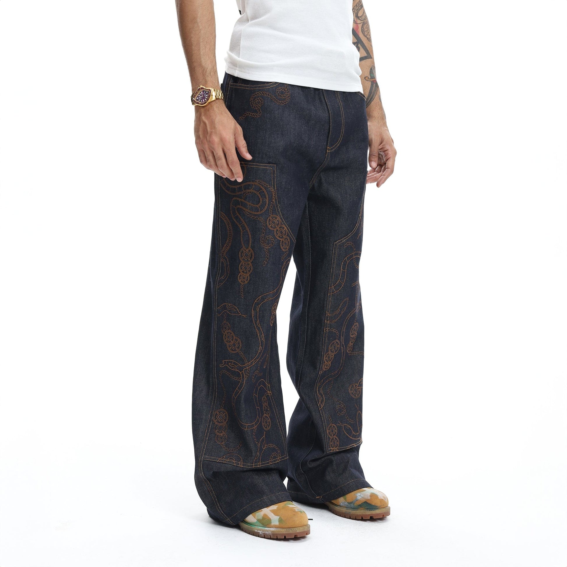 DND4DES Embroidered Snake Double Knee Jeans-Jeans-XS-Free Shipping Leatheretro
