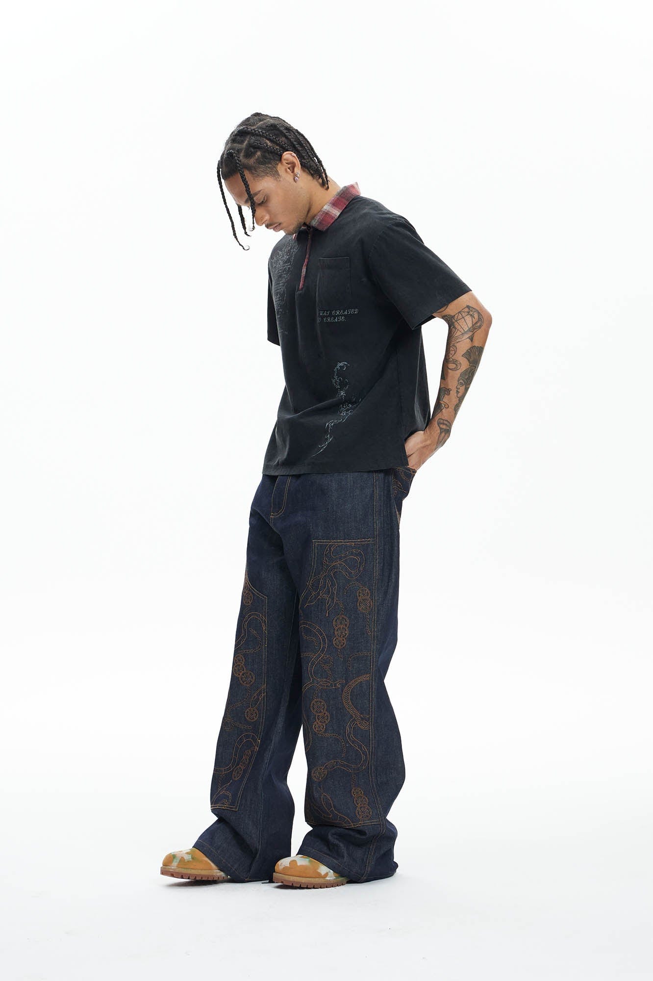 DND4DES Embroidered Snake Double Knee Jeans-Jeans-XS-Free Shipping Leatheretro