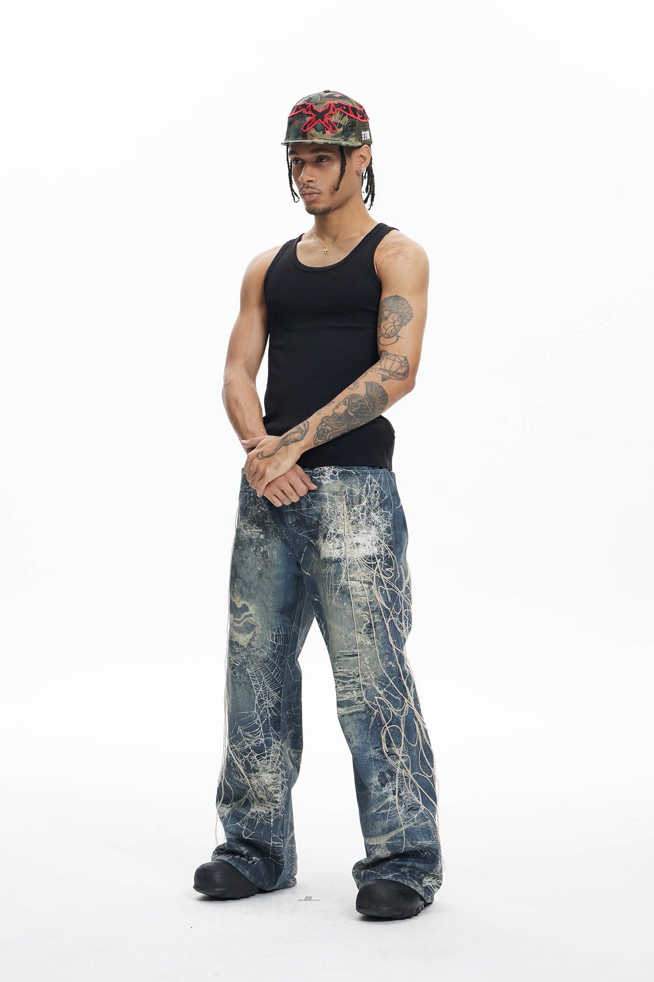 DND4DES Distressed Spider Web Embroidered Jeans-Jeans-XS-Free Shipping Leatheretro