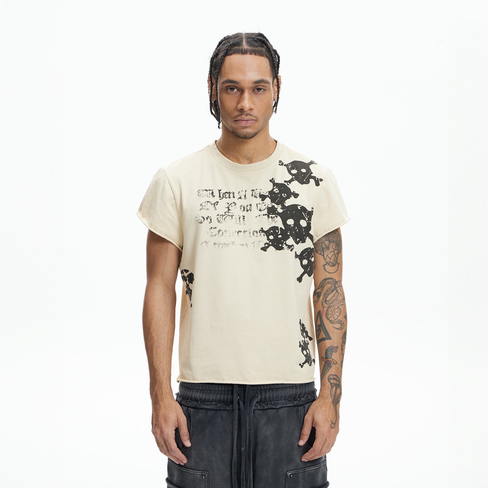 DND4DES Distressed Skull Graphic T-Shirt-T Shirt-S-Beige-Free Shipping Leatheretro