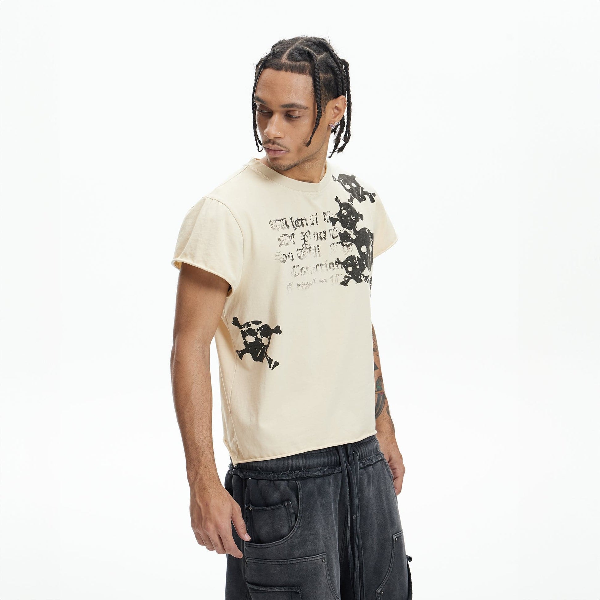 DND4DES Distressed Skull Graphic T-Shirt-T Shirt-S-Beige-Free Shipping Leatheretro