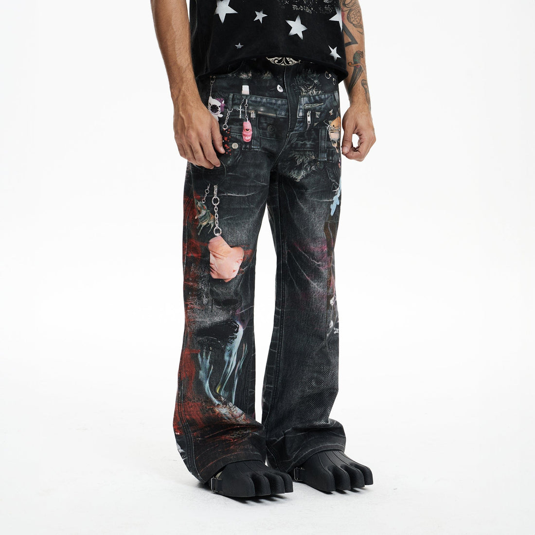 DND4DES Distressed Cyber Virus Flared Jeans-Jeans-XS-Free Shipping Leatheretro