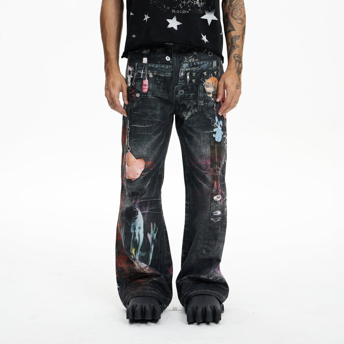 DND4DES Distressed Cyber Virus Flared Jeans-Jeans-XS-Free Shipping Leatheretro