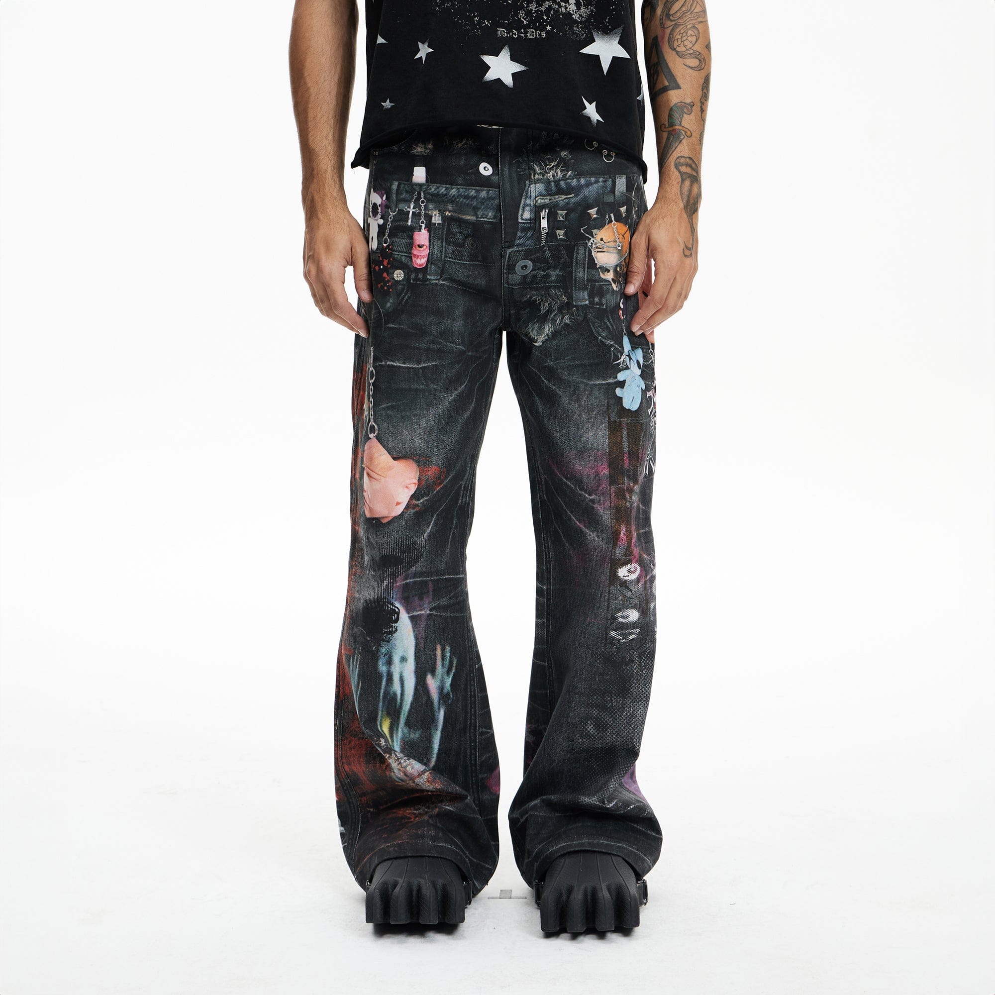 DND4DES Distressed Cyber Virus Flared Jeans-Jeans-XS-Free Shipping Leatheretro