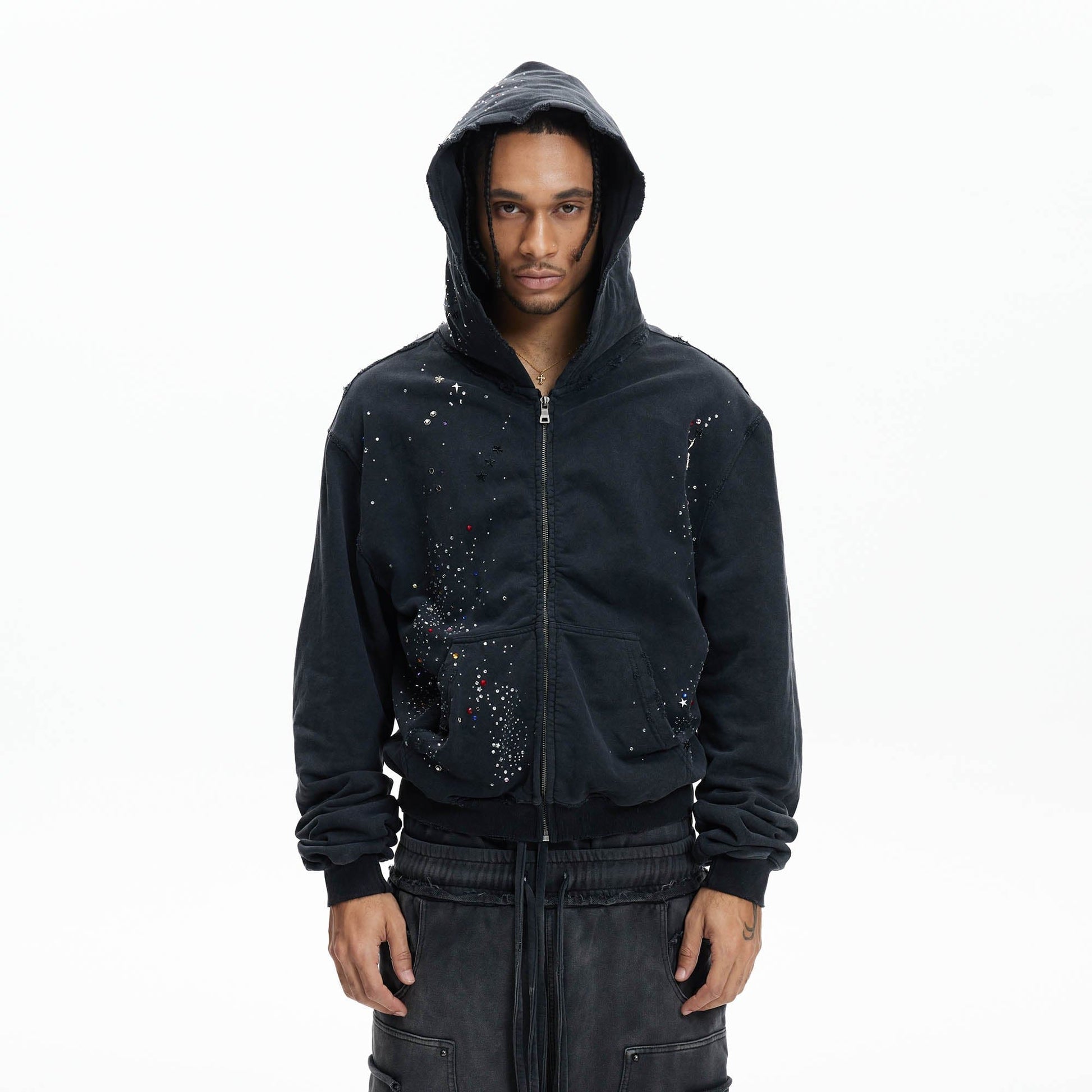 DND4DES Sparkle Diamond Distressed Zip-Up Hoodie-Hoodie-S-Free Shipping Leatheretro