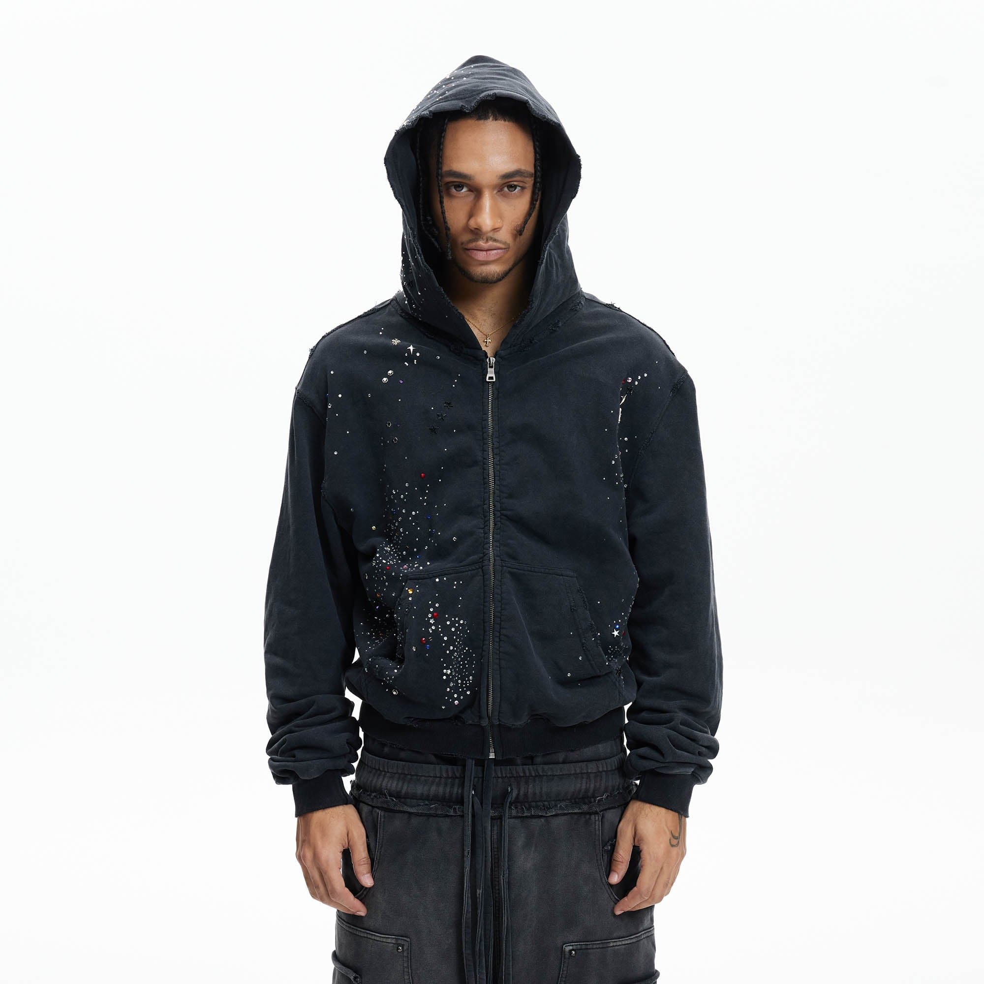 DND4DES Sparkle Diamond Distressed Zip-Up Hoodie-Hoodie-S-Free Shipping Leatheretro